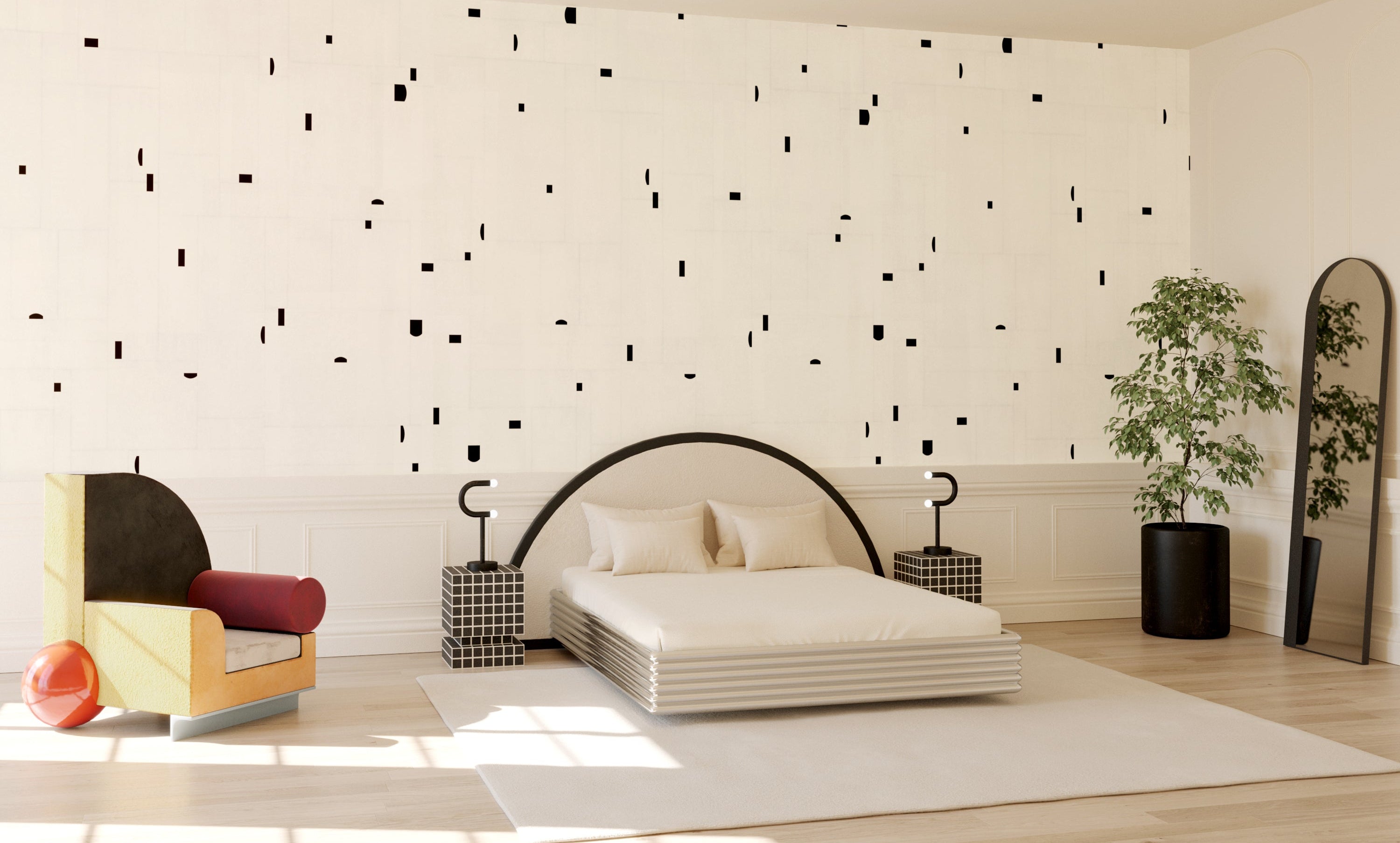 Modern bedroom with a bed, side tables, and decorative wall patterns from drop it MODERN.