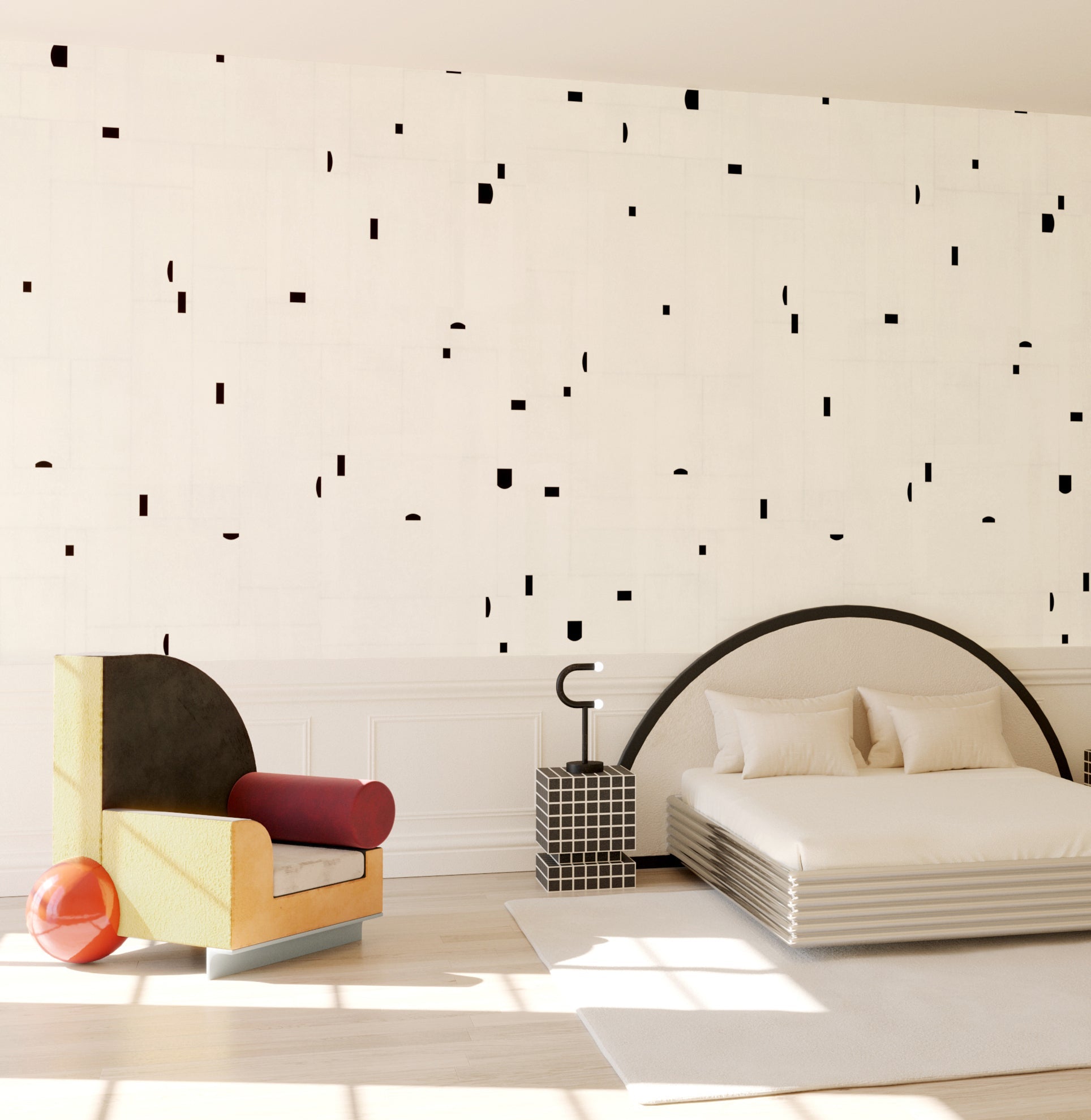Modern room with a bed, chair, and decorative wall pattern from drop it MODERN.