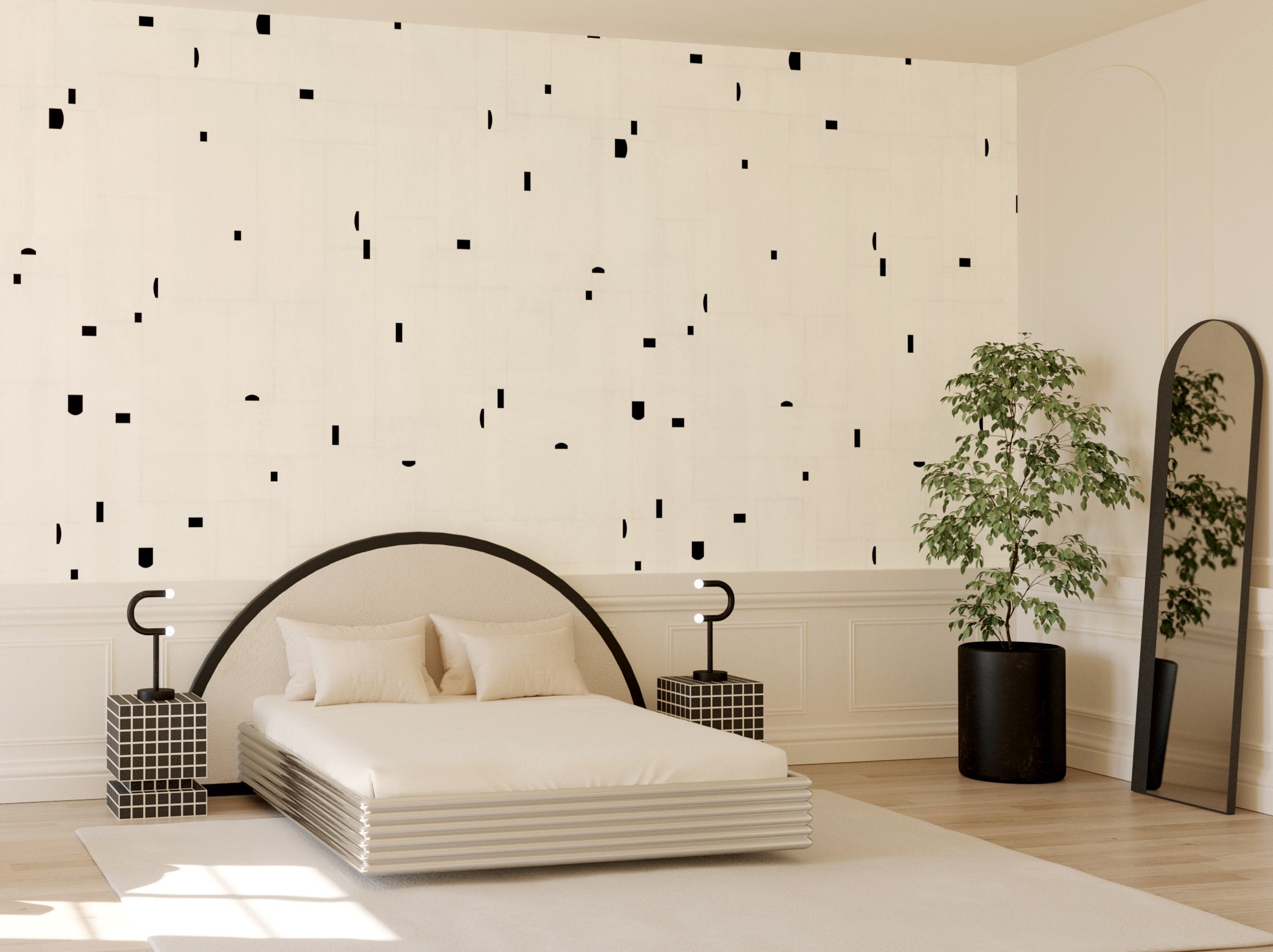 The Geometrico© Wallpaper in Chalk + Black in an interior from drop it MODERN.