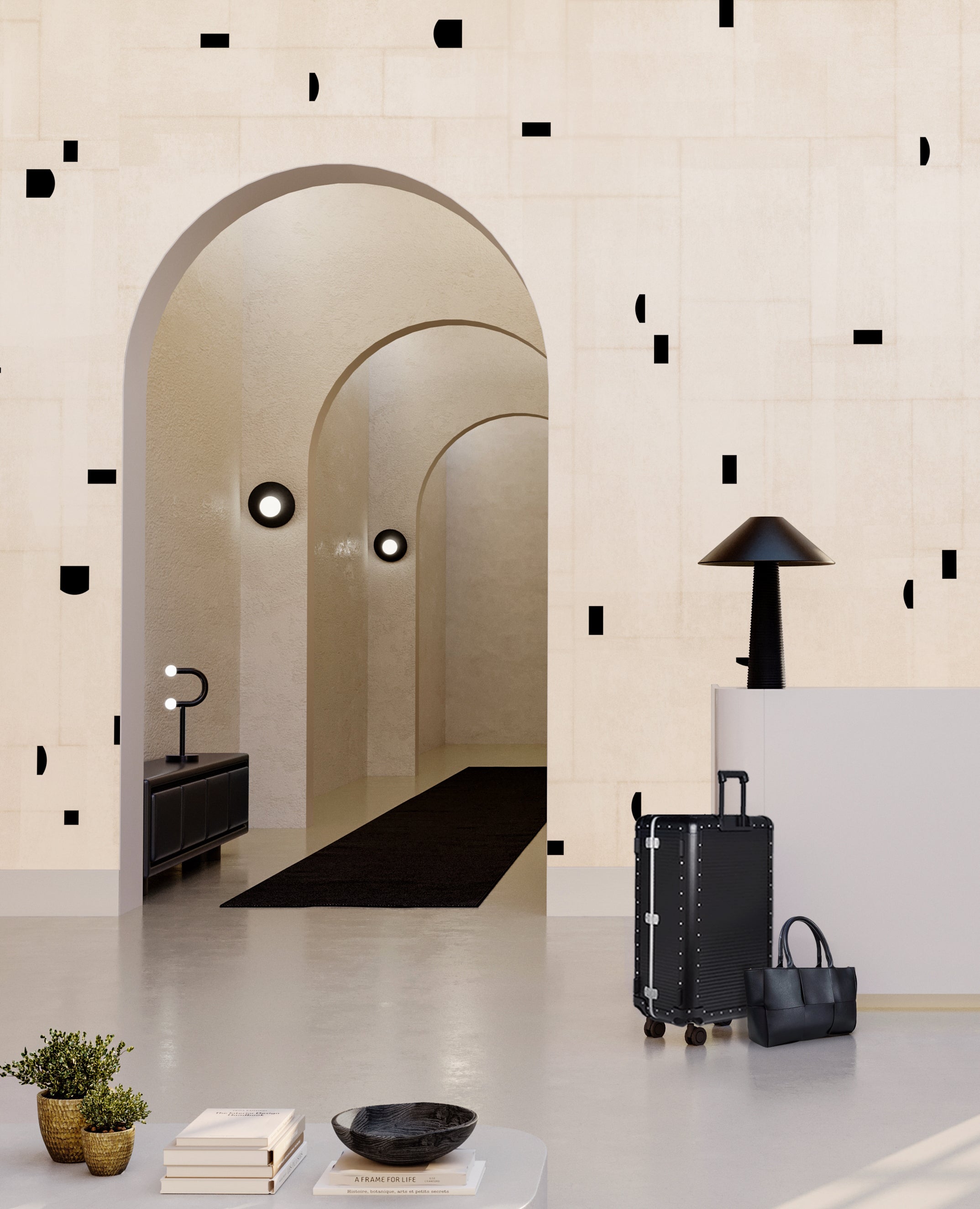 The Geometrico© Wallpaper in Cremé + Black in a commercial interior from drop it MODERN.
