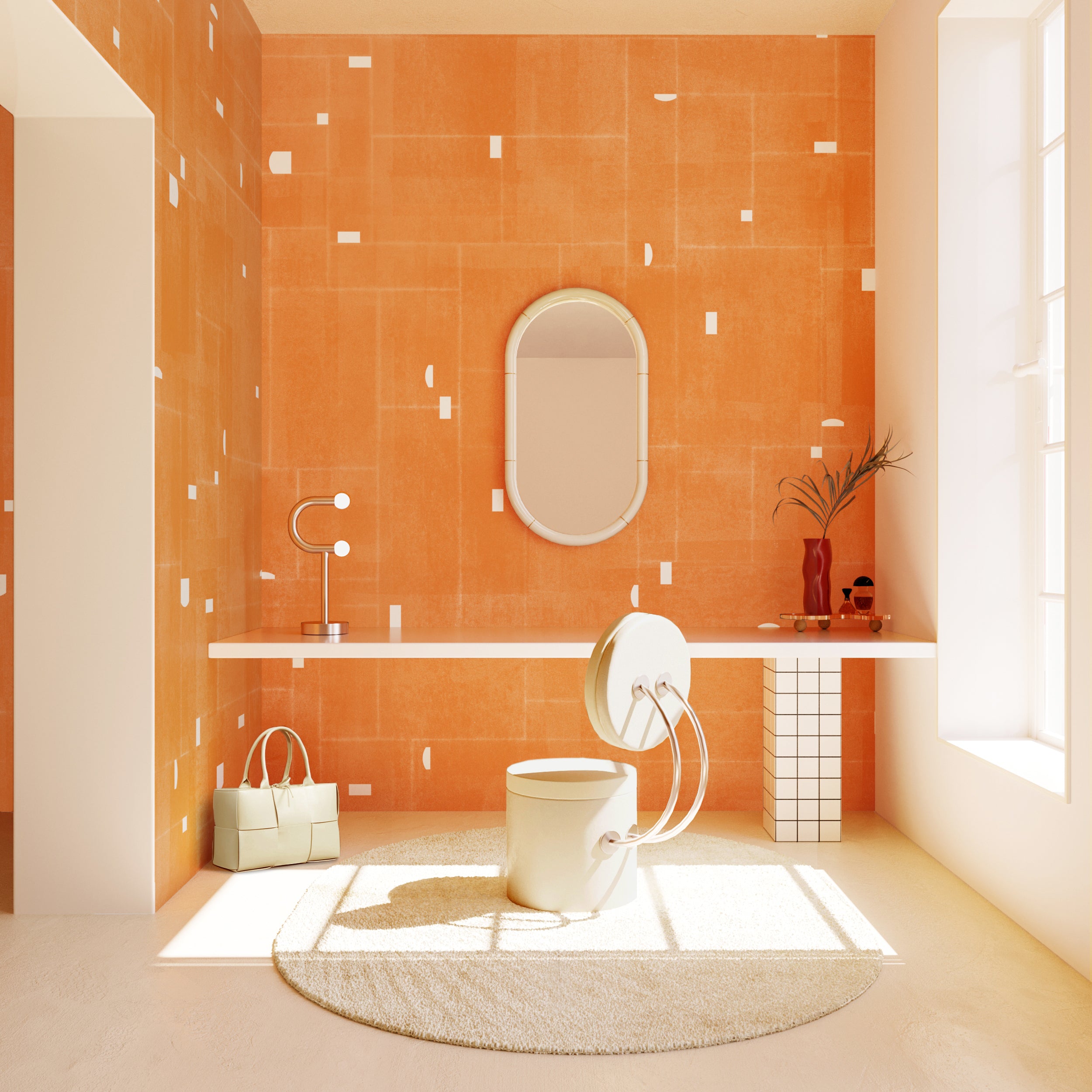 The Geometrico© Wallpaper in Crush in a vanity area from drop it MODERN.
