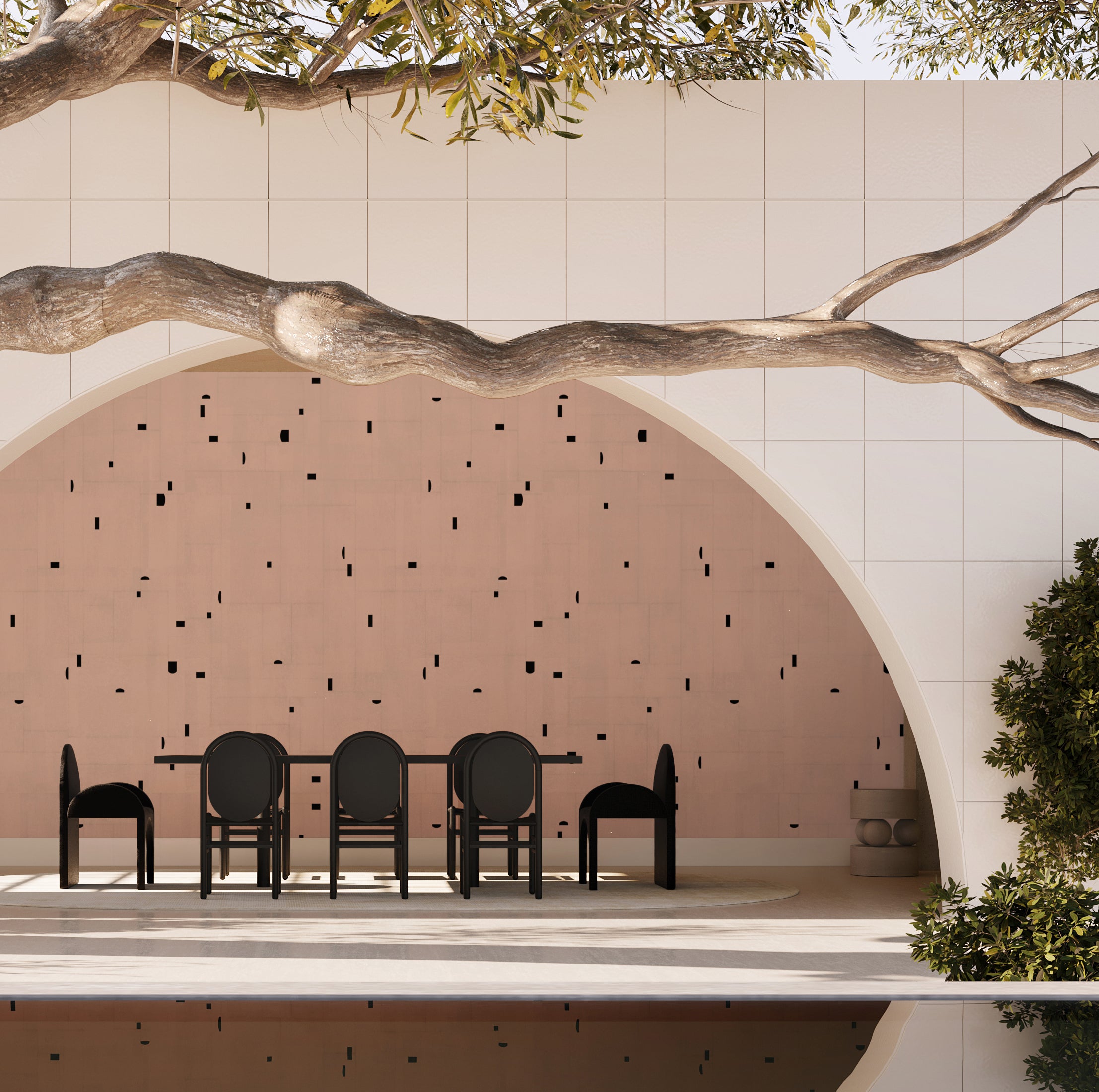 The Geometrico© Wallpaper in Ferris + Black in an interior from drop it MODERN.