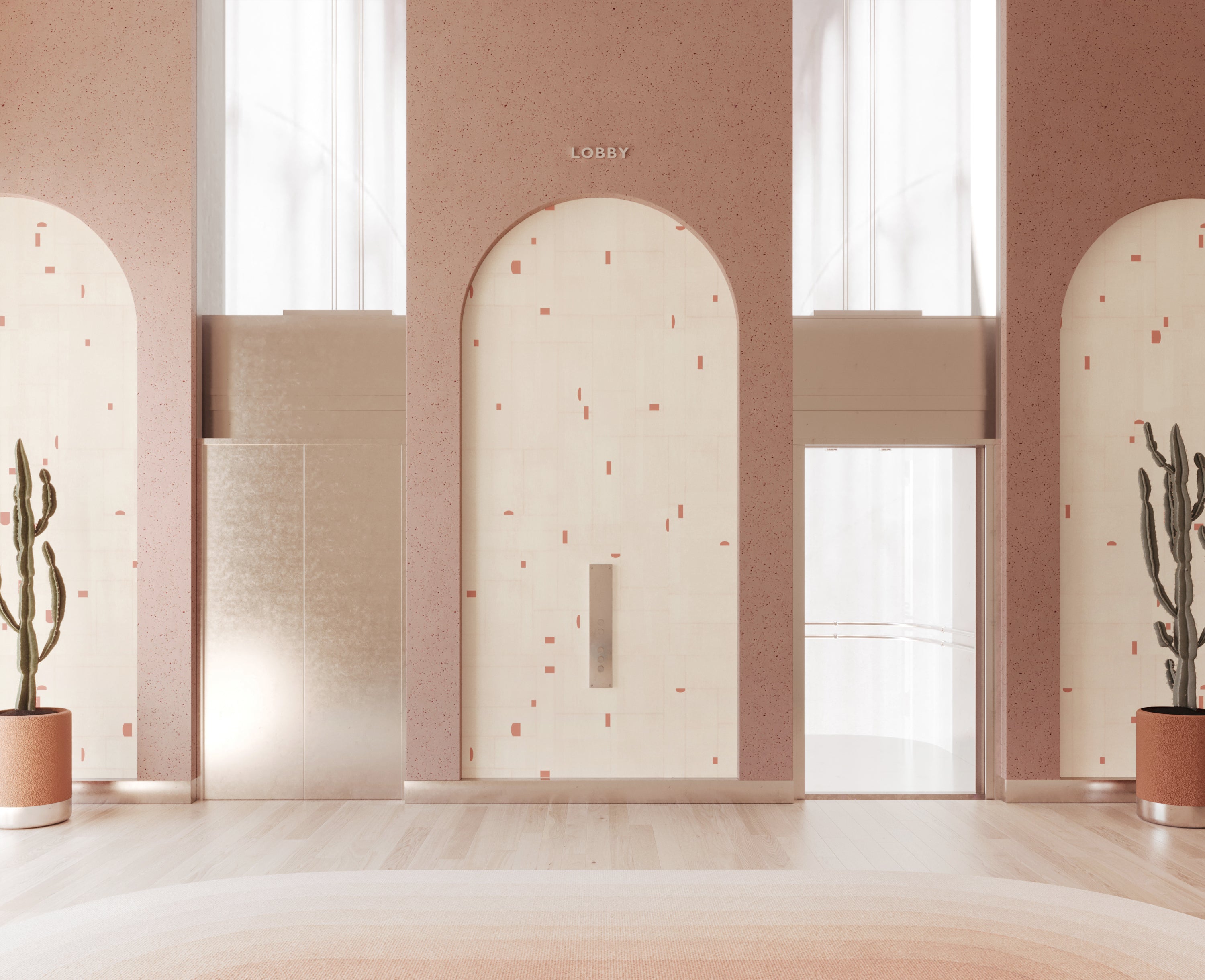 The Geometrico© Wallpaper in Strawberry Kiss + Cremé in a hotel lobby from drop it MODERN