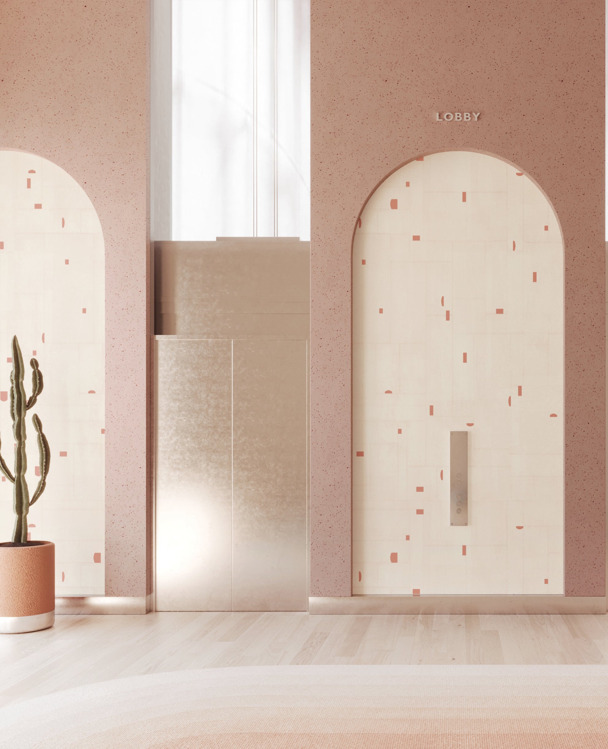 The Geometrico© Wallpaper in Strawberry Kiss + Cremé in a commercial interior from drop it MODERN