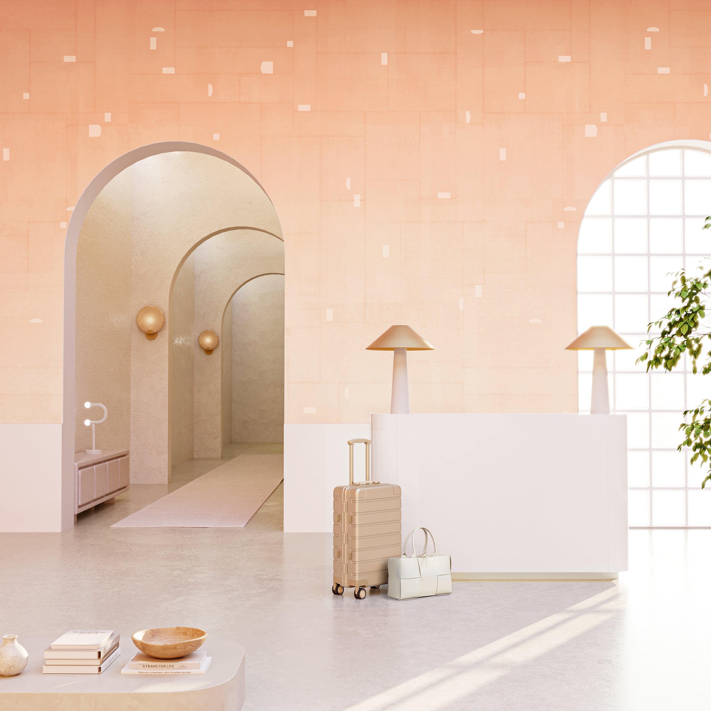 The Geometrico© Wallpaper in Peachy in a hotel lobby from drop it MODERN.