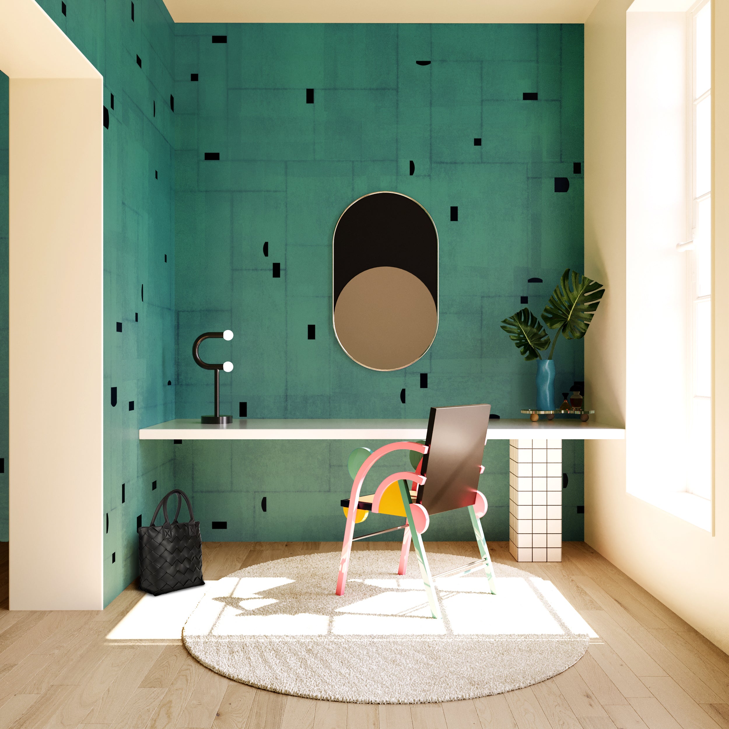 The Geometrico© Wallpaper in Peacock in a vanity from drop it MODERN