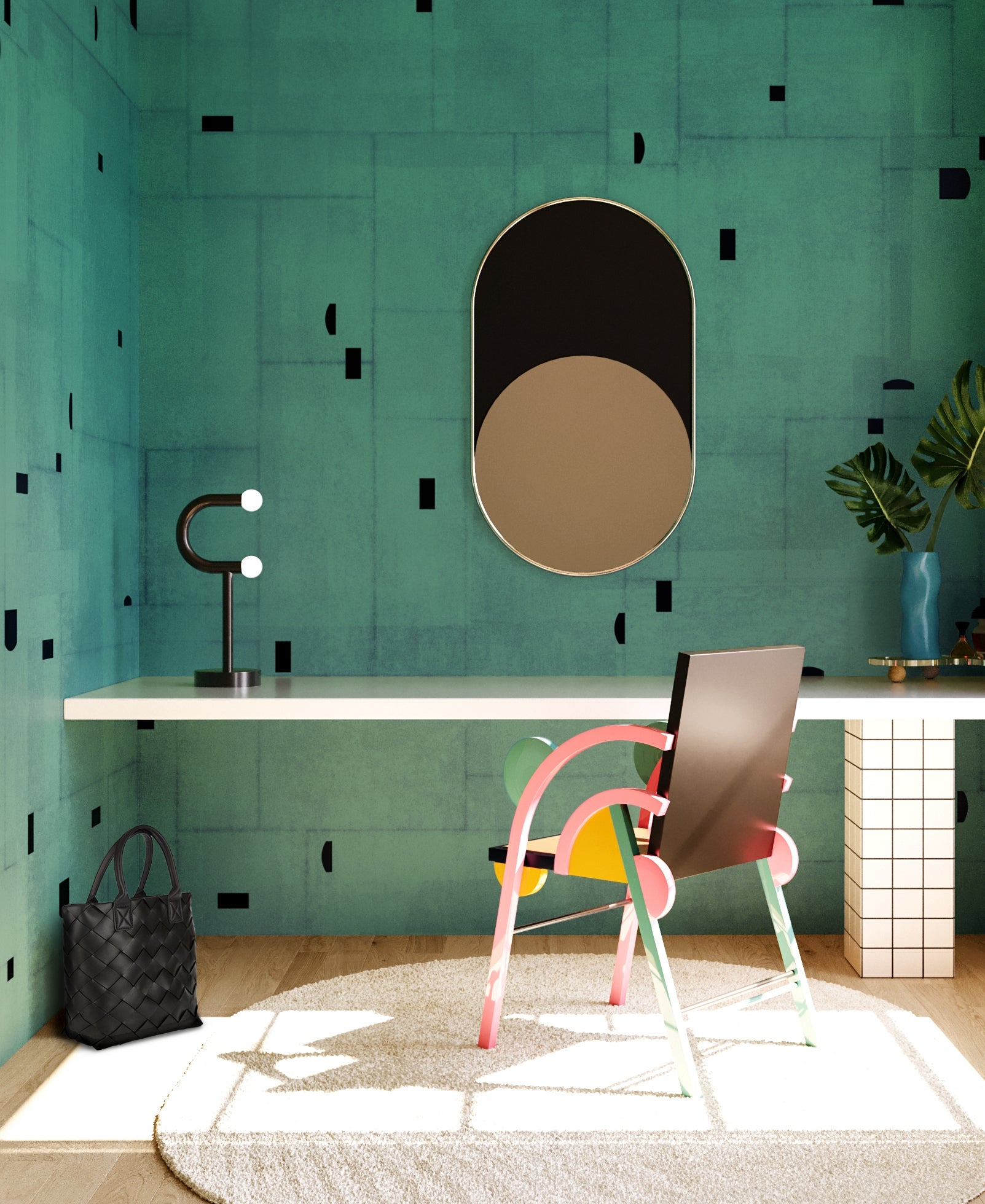 The Geometrico© Wallpaper in Peacock in an interior from drop it MODERN