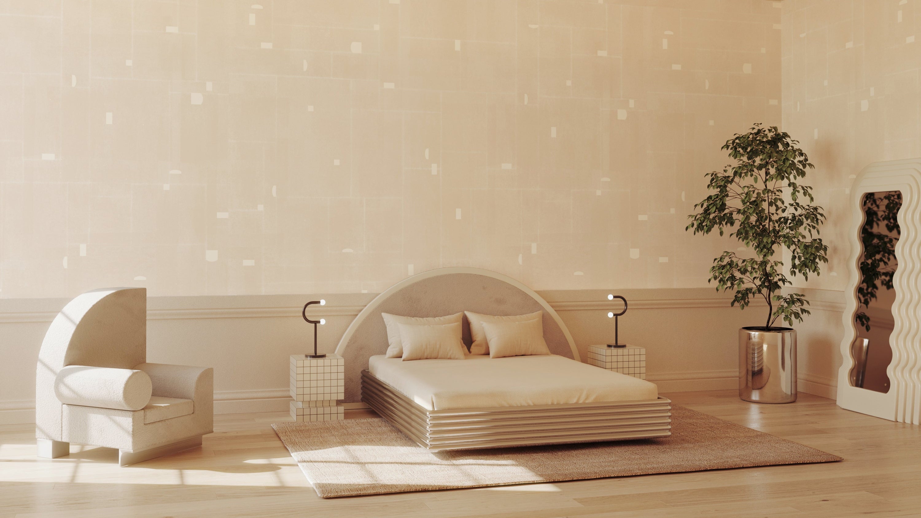 Modern bedroom with a bed, chair, and decorative items on a light wooden floor from drop it MODERN