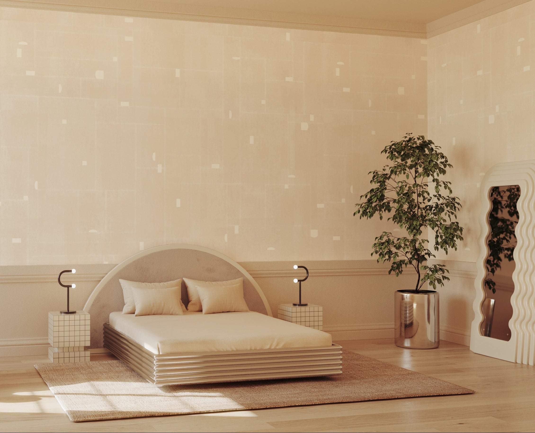 Modern bedroom with a bed, nightstands, and a plant from drop it MODERN.