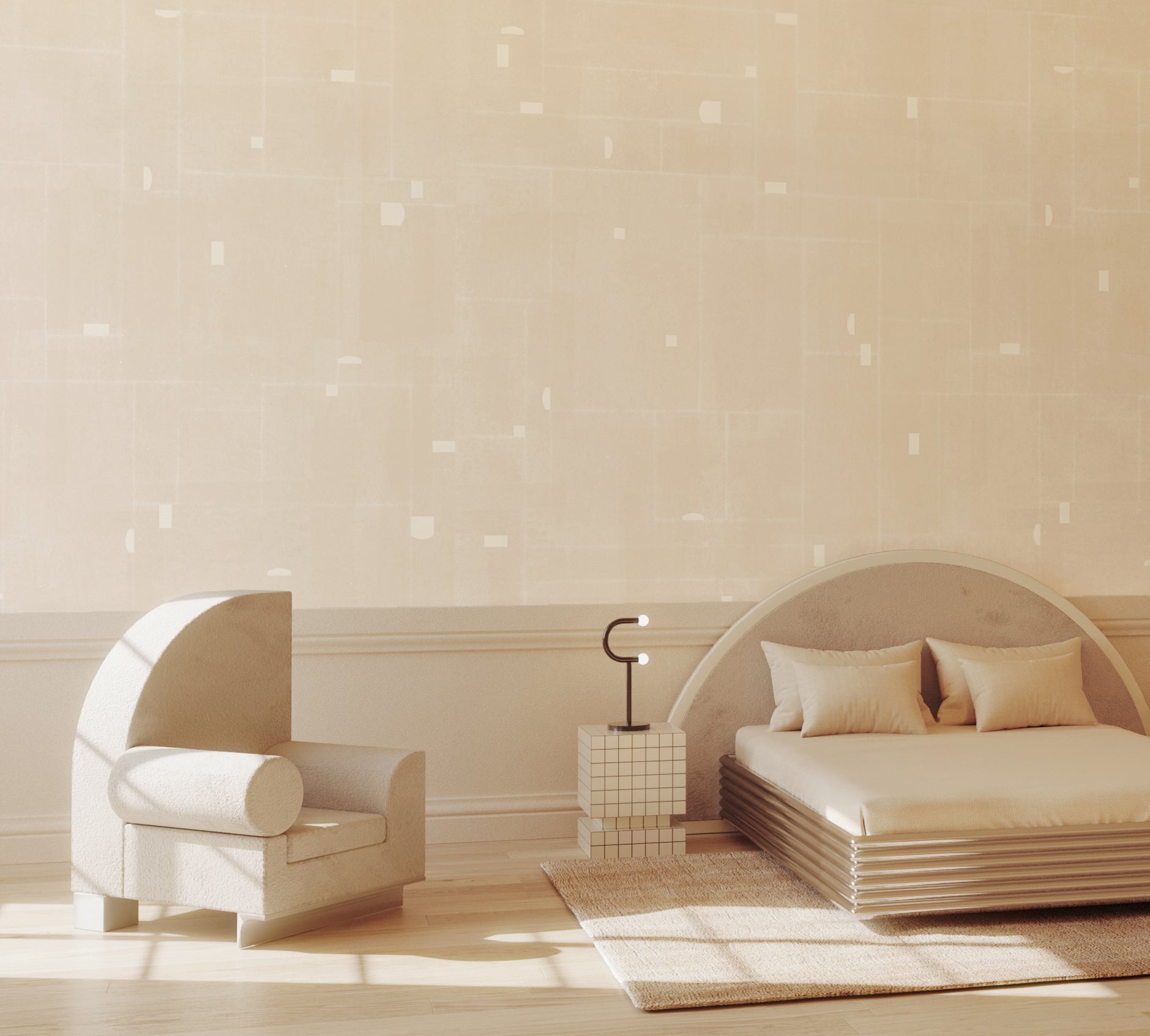 Modern bedroom with a bed and armchair against a light-colored wall from drop it MODERN.