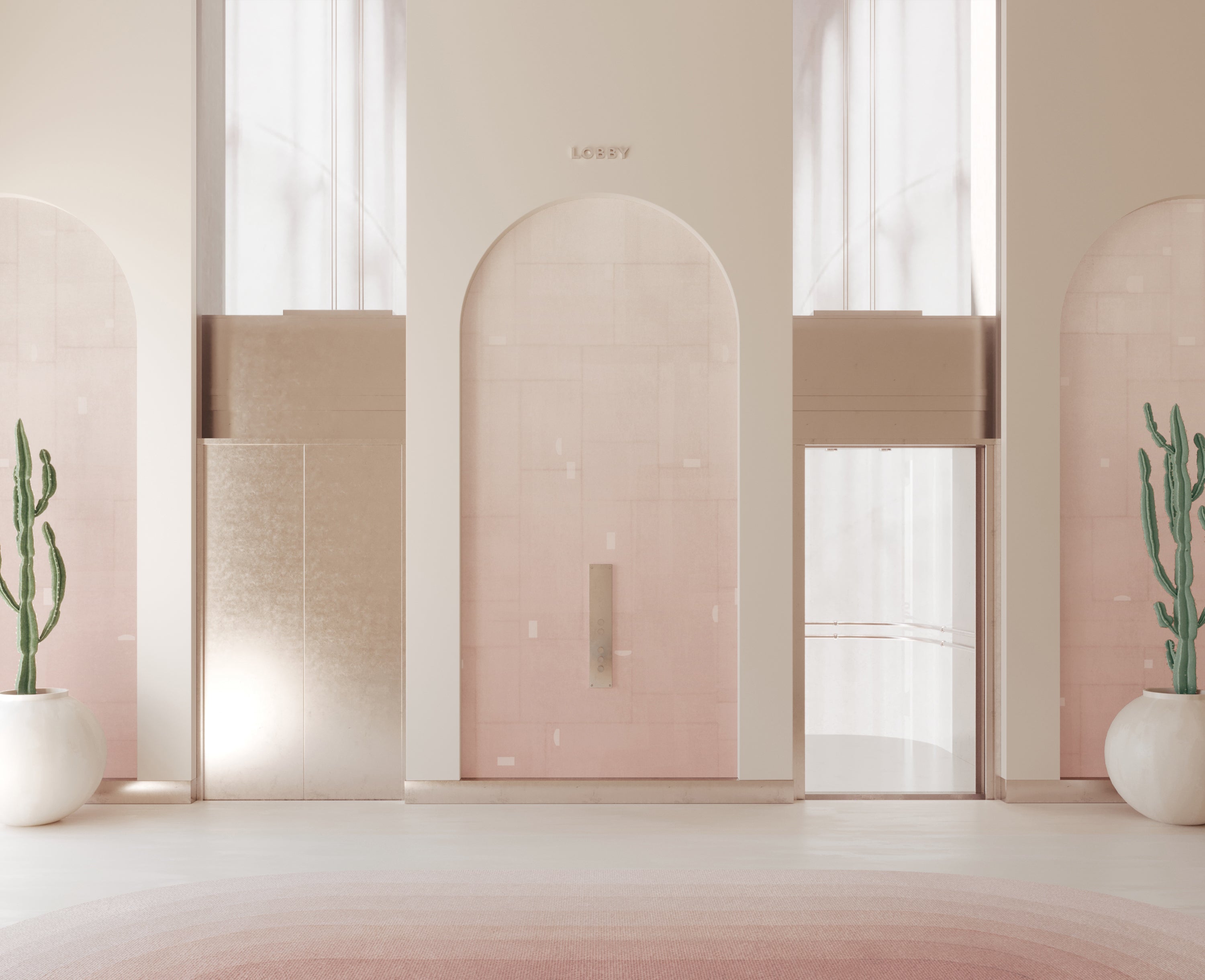 The Geometrico© Wallpaper in Seashell in a hotel lobby from drop it MODERN