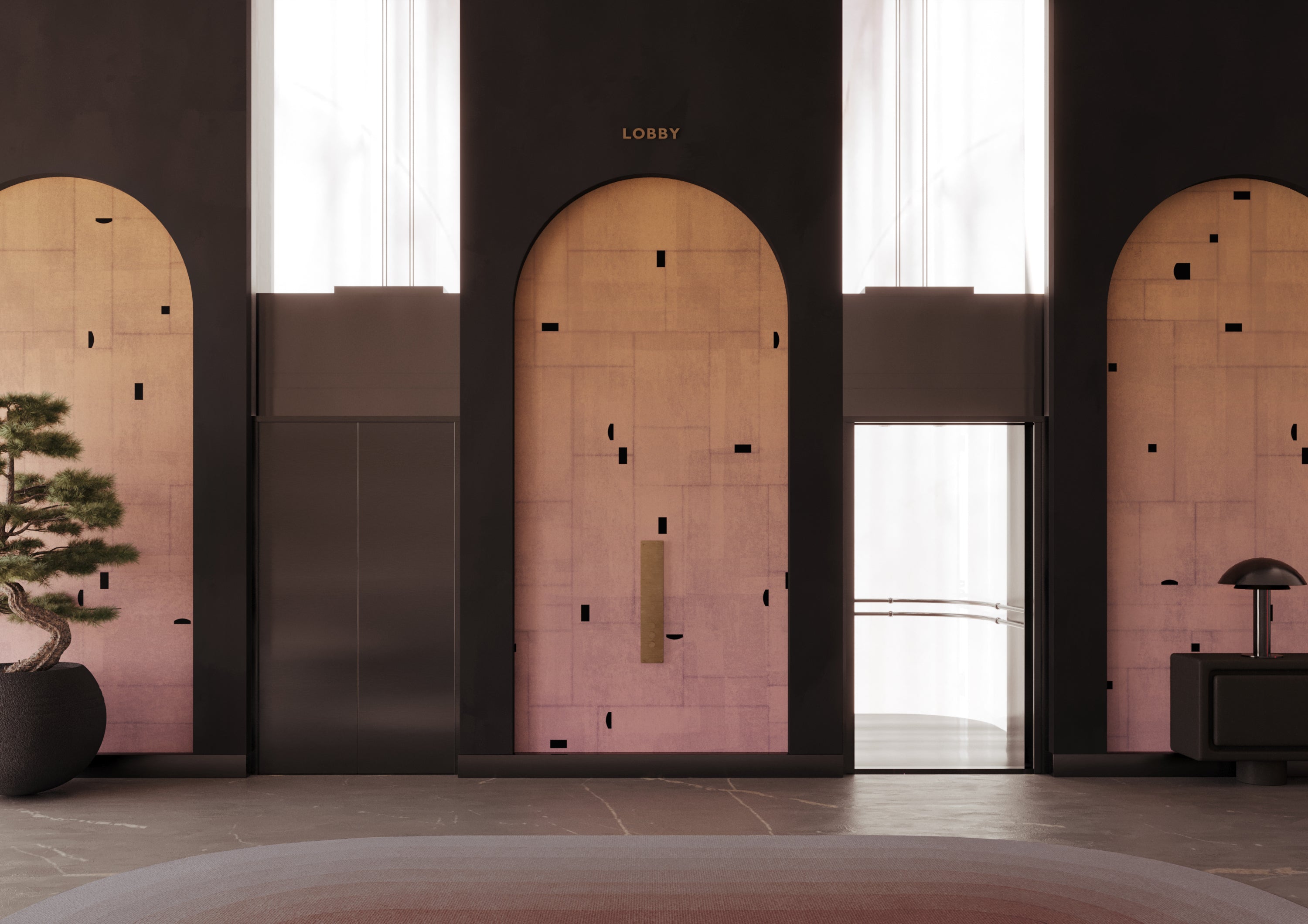 The Geometrico© Wallpaper in Flash in a hotel lobby from drop it MODERN.