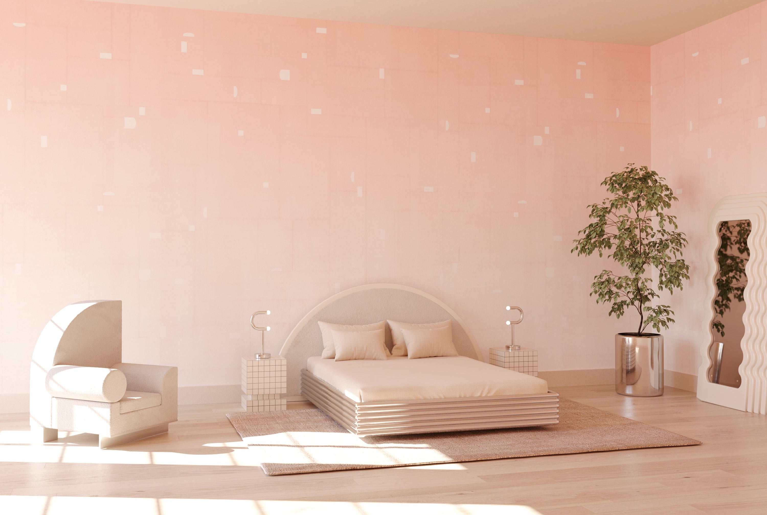 Modern bedroom with pink walls, a bed, chair, and plant from drop it MODERN.