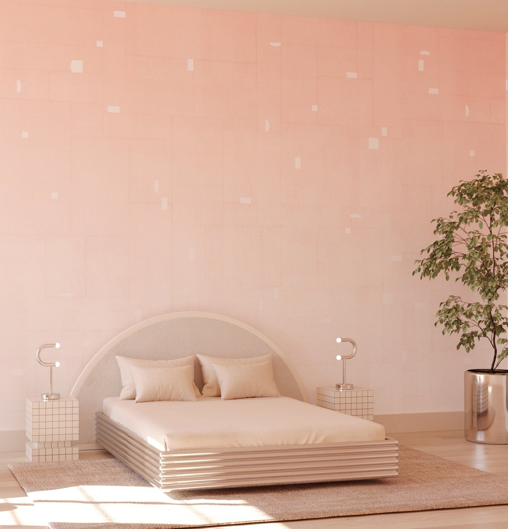 Modern bedroom with pink walls, a bed, and decorative elements from drop it MODERN.