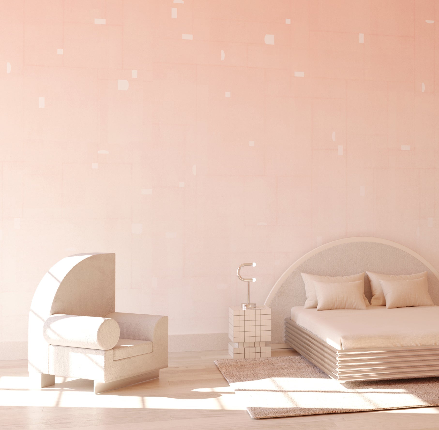 Minimalist bedroom with a bed, chair, and nightstand against a light pink wall from drop it MODERN