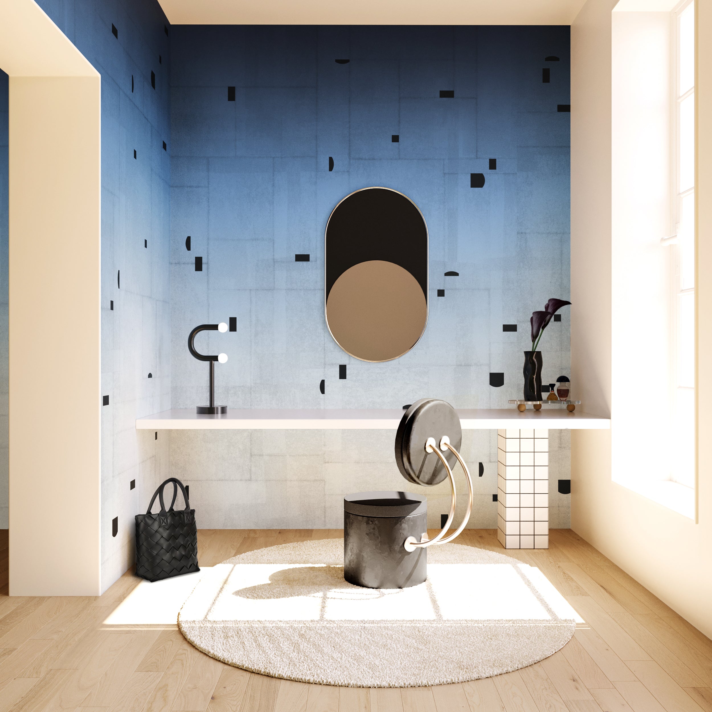 The Geometrico© Wallpaper in Thunder in a vanity from drop it MODERN