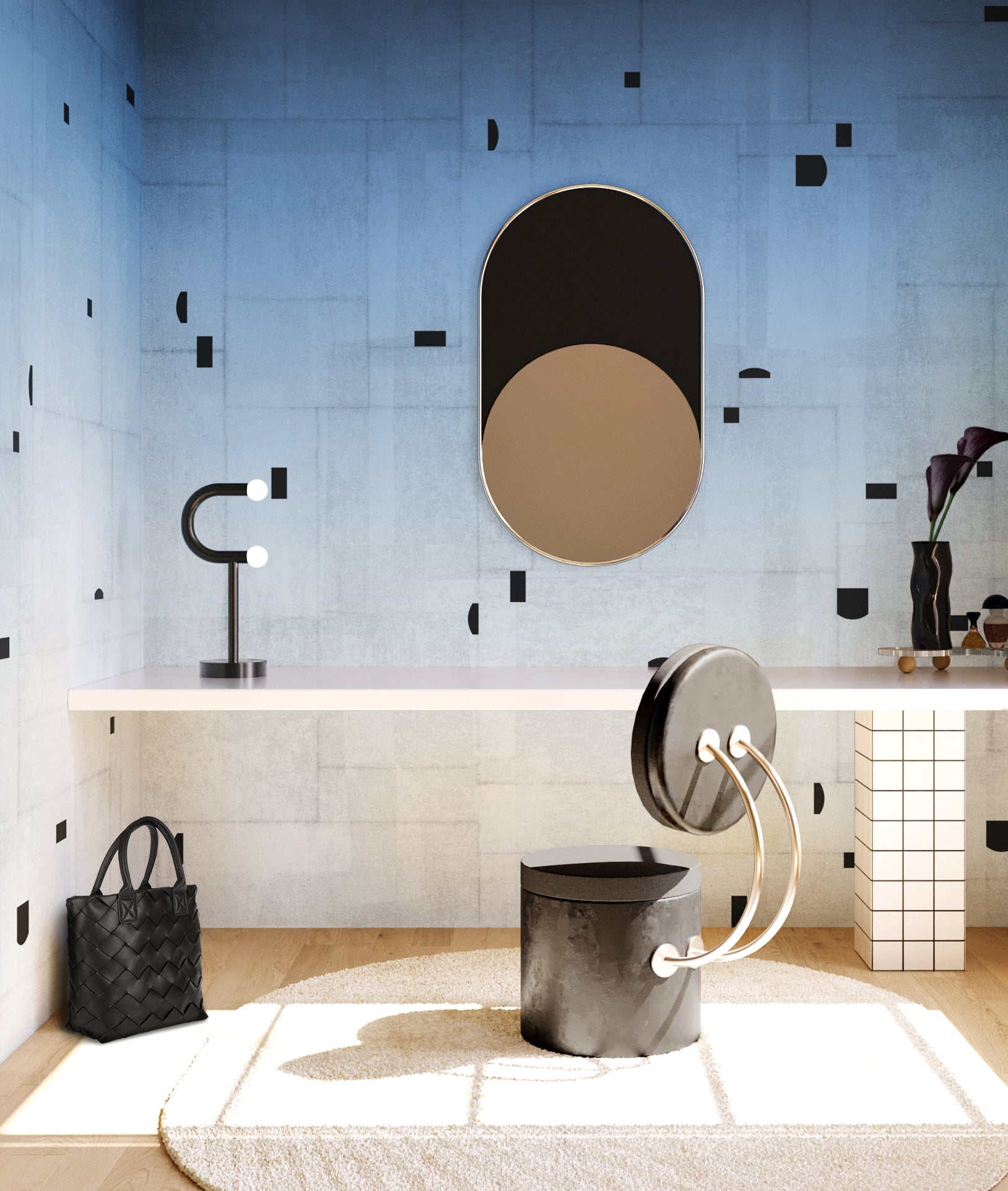The Geometrico© Wallpaper in Thunder in an interior from drop it MODERN