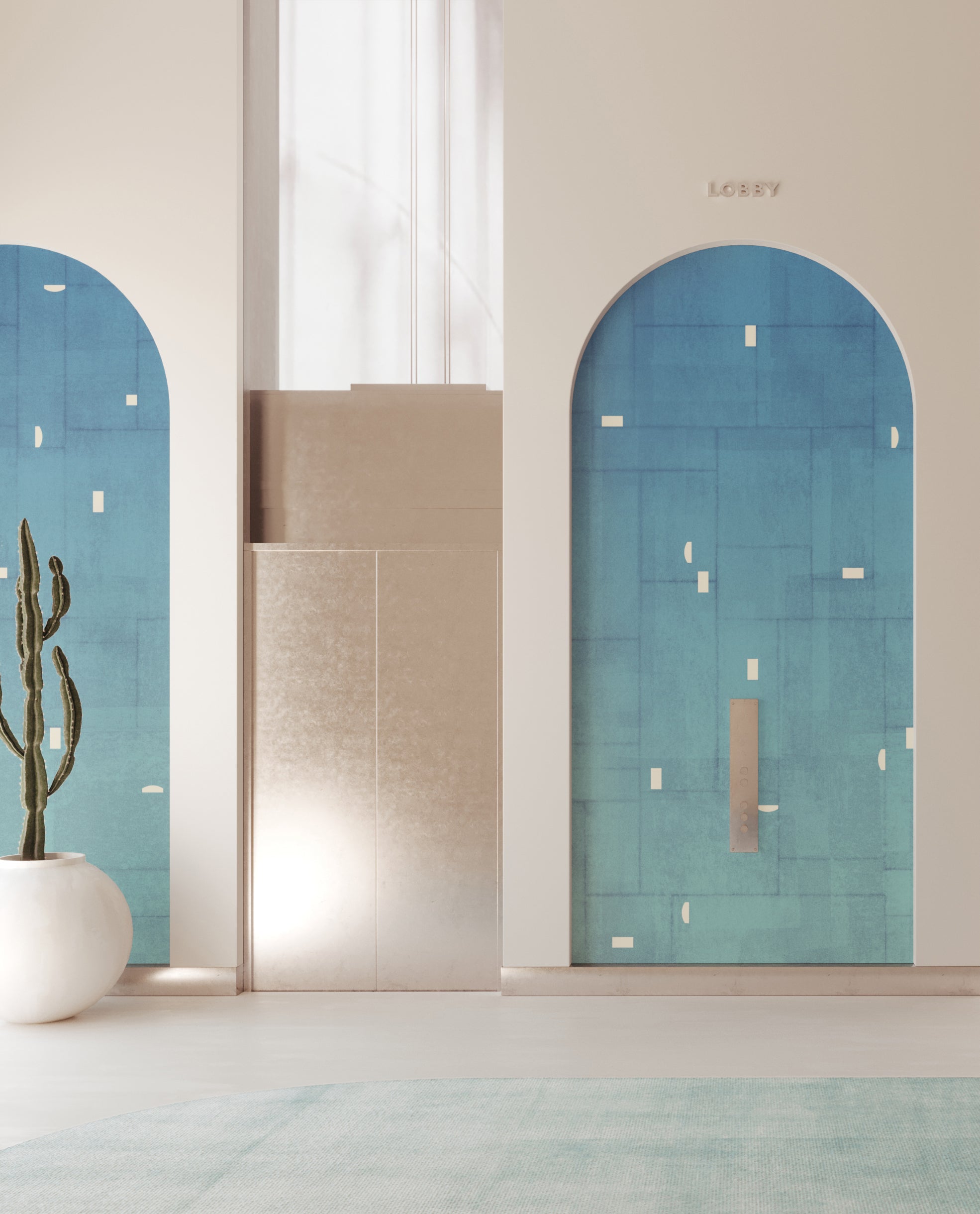 The Geometrico© Wallpaper in Waterfall in a commercial interior from drop it MODERN
