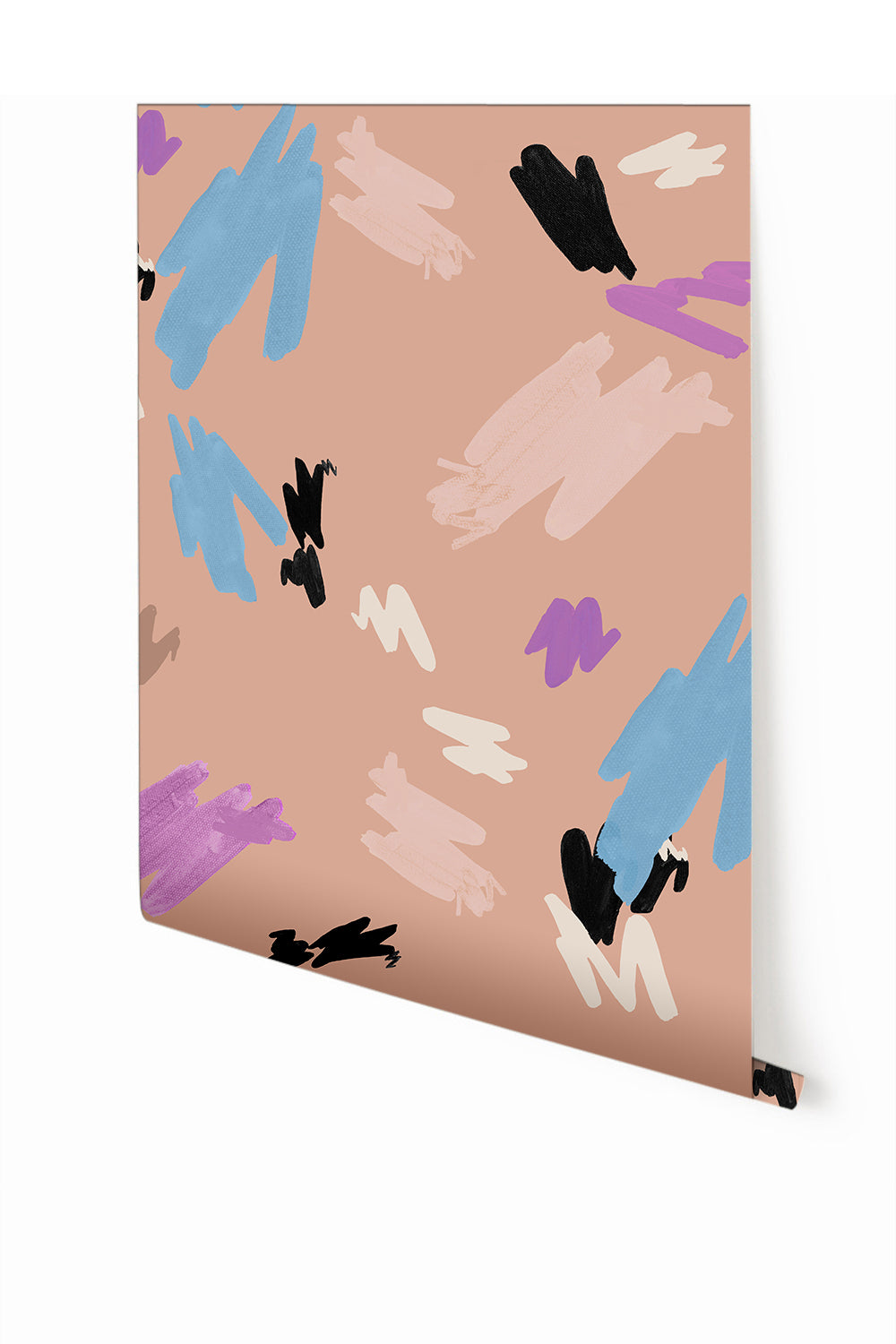 A wallpaper with a abstract hieroglyphic pattern in various colors including beige, black, blue, brown, cream, neutral, pastel, pink, purple, red, and white from drop it MODERN.