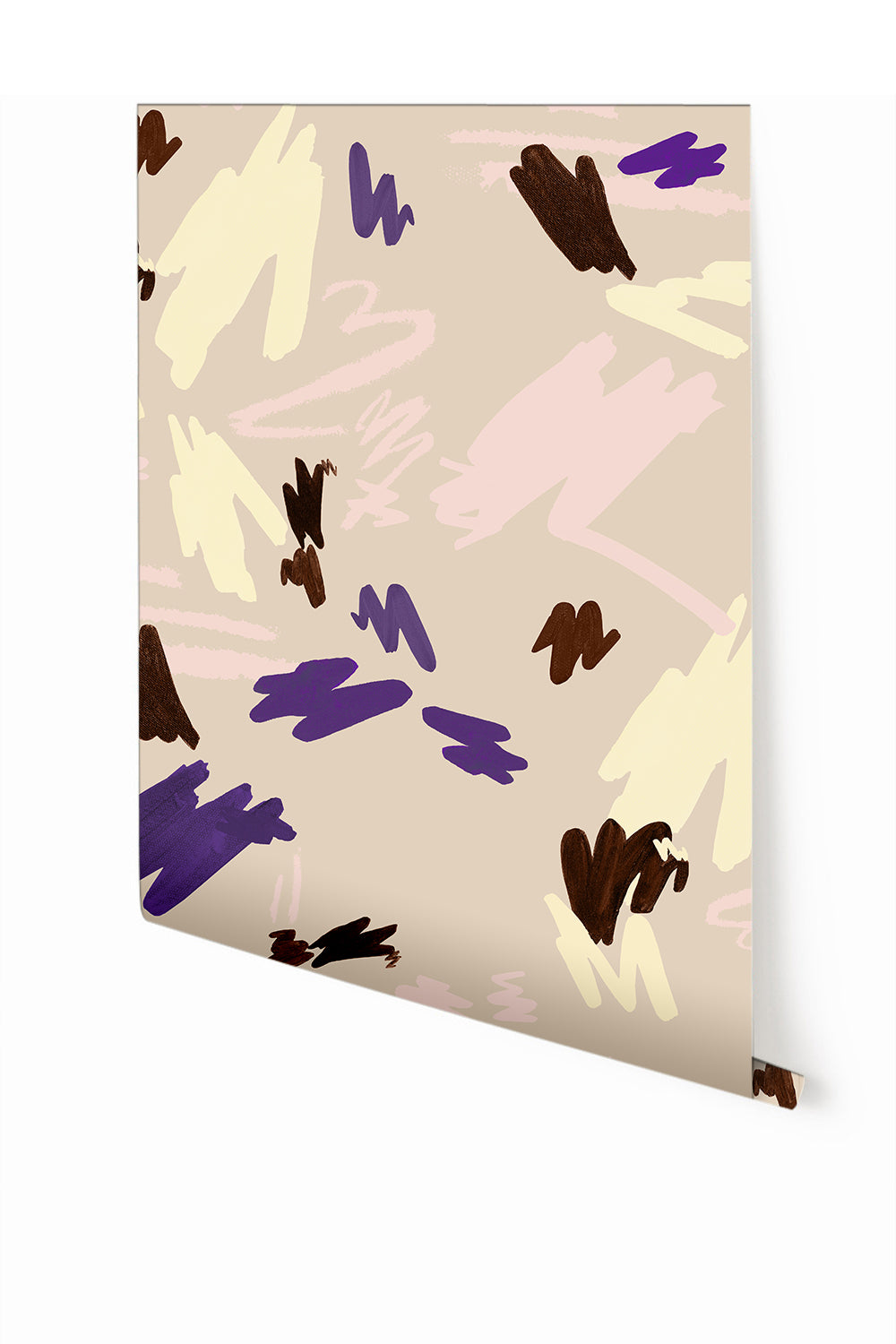A wallpaper with a geometric pattern featuring hieroglyphics in beige, cream, and purple shades from drop it MODERN.