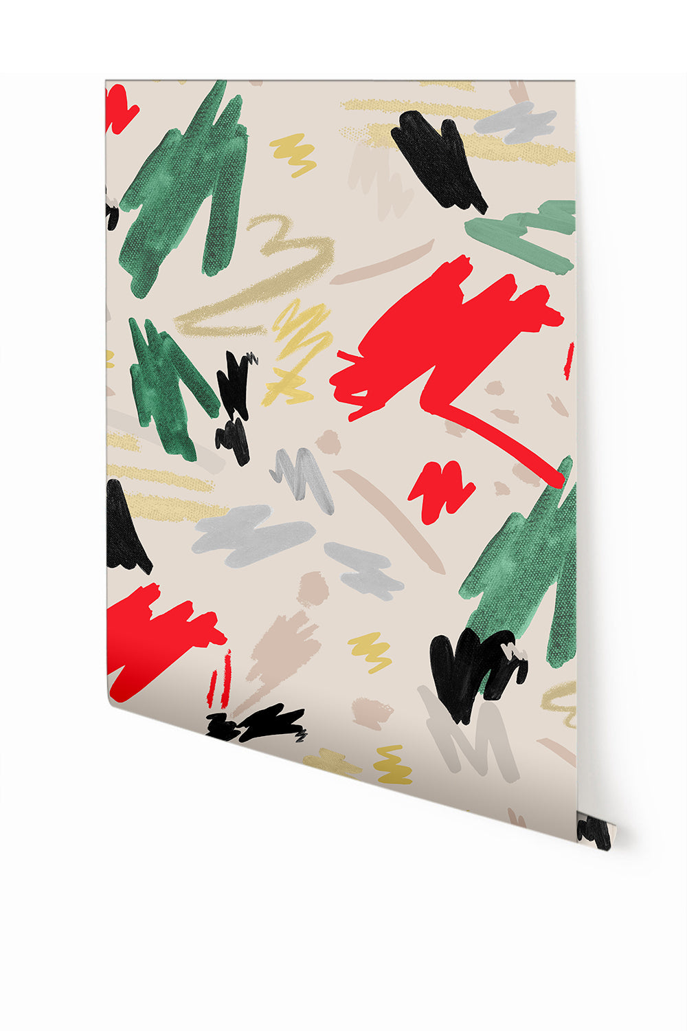A roll of Hieroglyphics wallpaper featuring a geometric pattern with abstract shapes in beige, black, creme, green, red, pastel, and yellow on a white background from drop it MODERN.