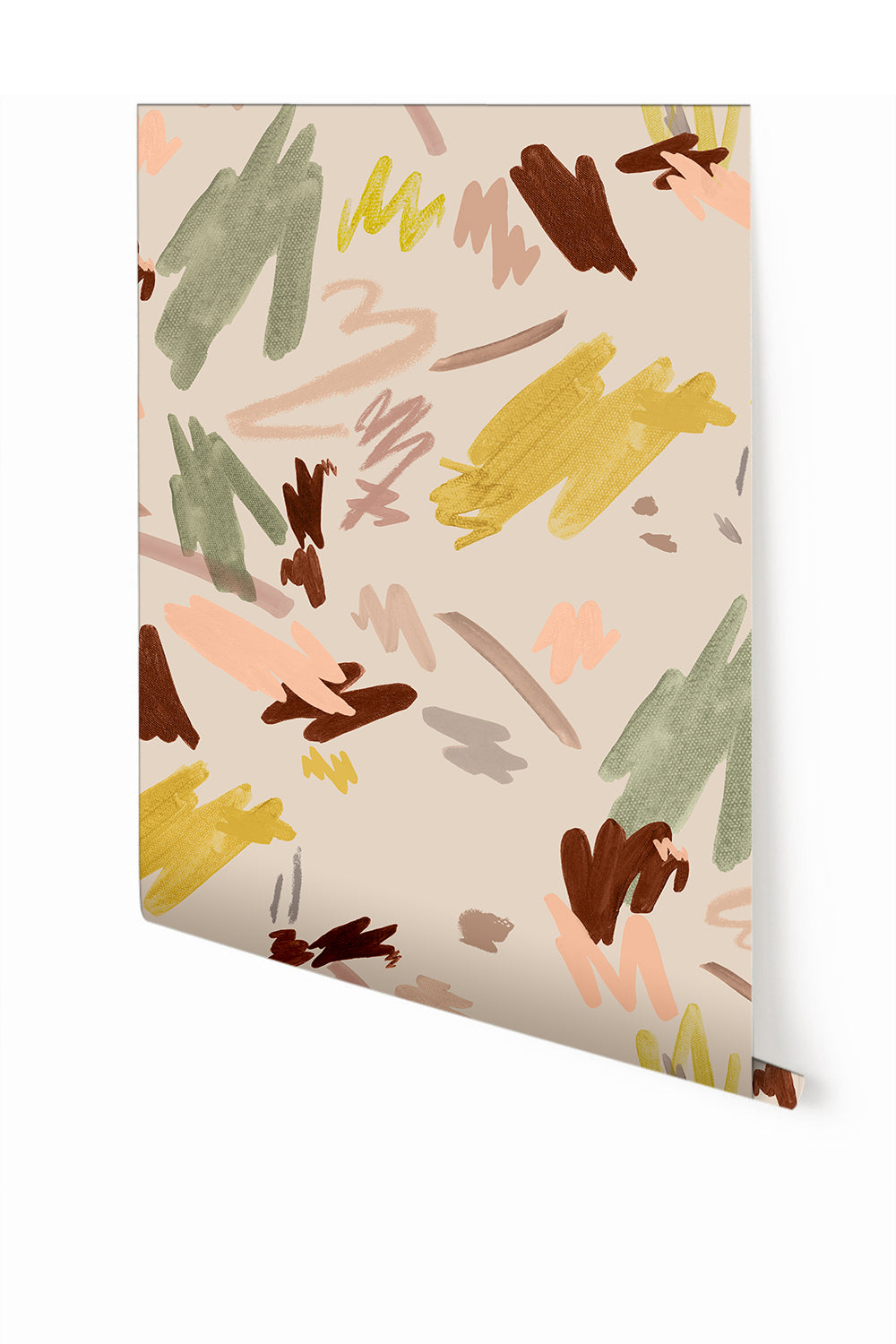 A wallpaper with a mural design featuring a garden-like pattern with various shades of beige, brown, and green from drop it MODERN.