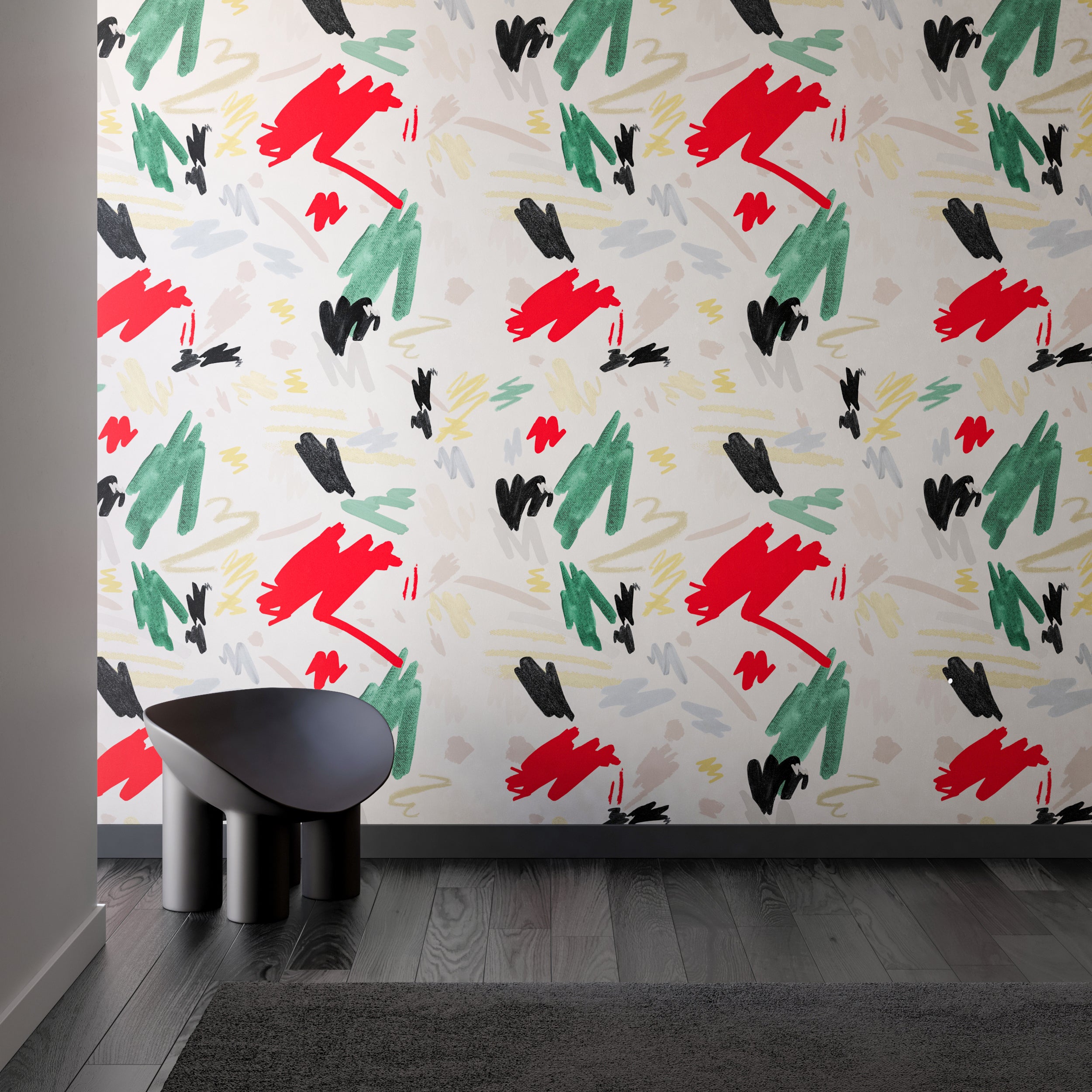 The Hieroglyphics© Wallpaper in Eames in an interior from drop it MODERN