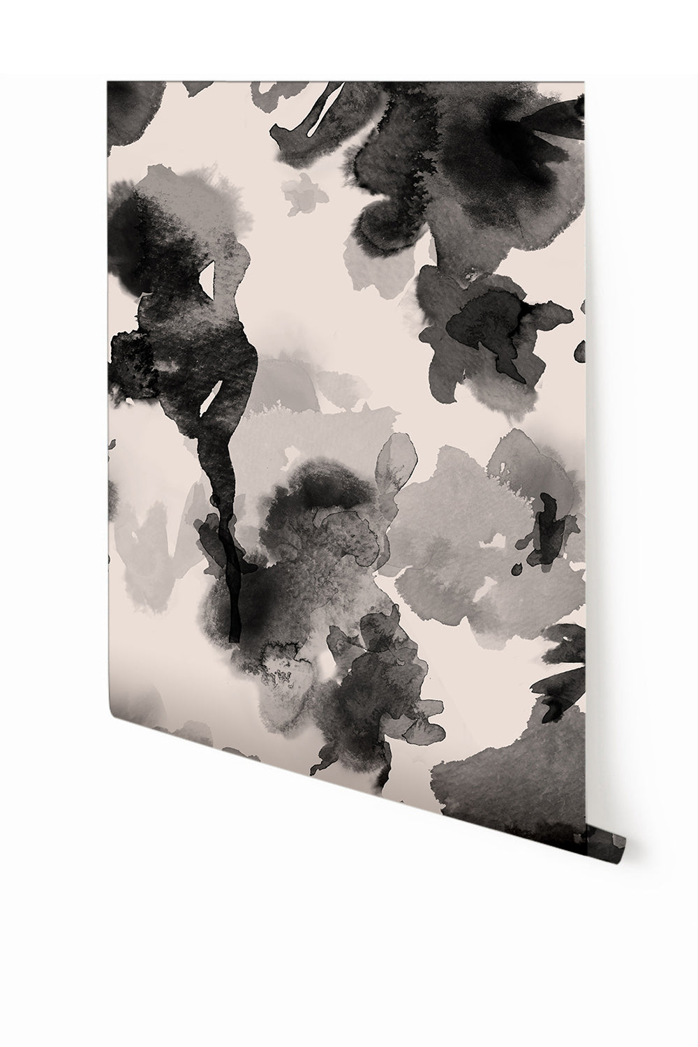A roll of wallpaper featuring a floral pattern with black and gray colors on a beige background from drop it MODERN.
