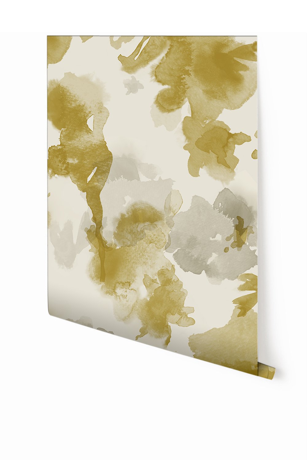 A roll of wallpaper featuring a floral pattern in beige, creme, metallic gold, neutral, pastel, white, and yellow colors from drop it MODERN.