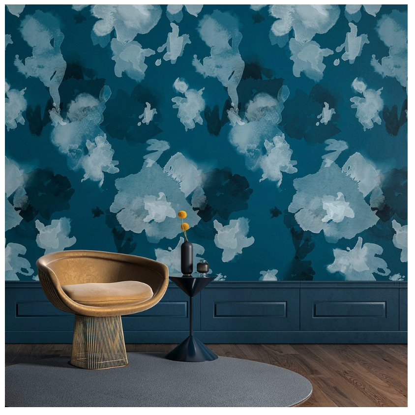 The In the Flowers© Wallpaper in Blue in a lounge area from drop it MODERN