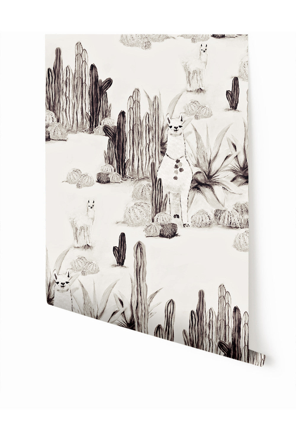 A wallpaper featuring a pattern with cacti and llamas in black and beige tones from drop it MODERN.