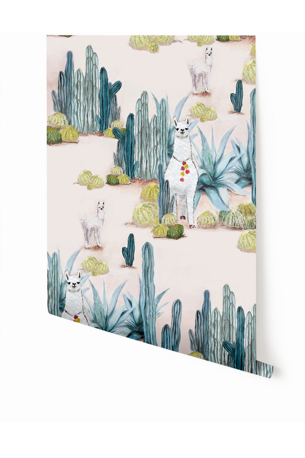 A wallpaper featuring a pattern with cacti and cartoonish llama-like figures in a desert setting, with a beige, blue, green, and pastel color palette from drop it MODERN.