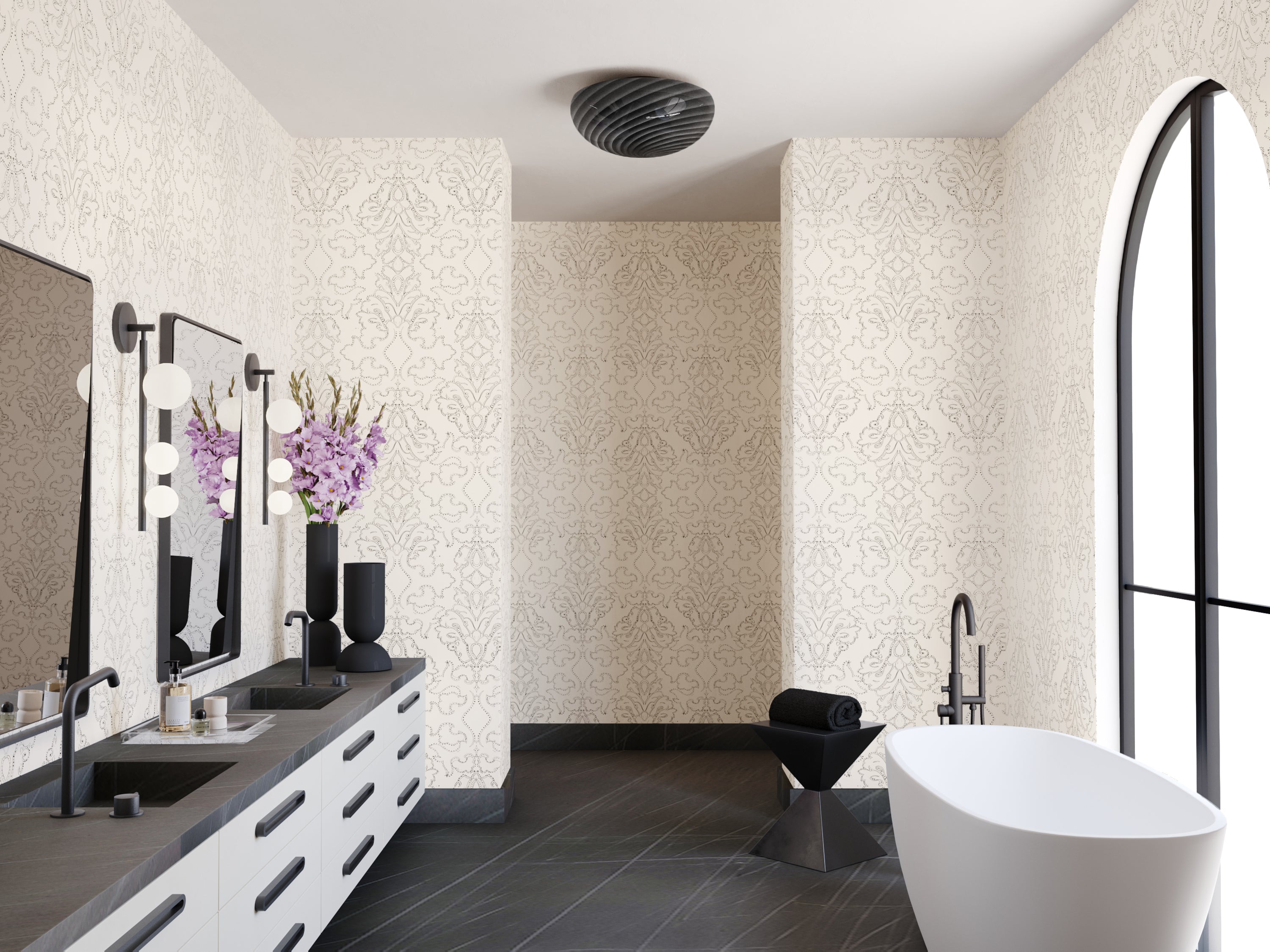 Western Damask© Wallpaper in Black + Cremé