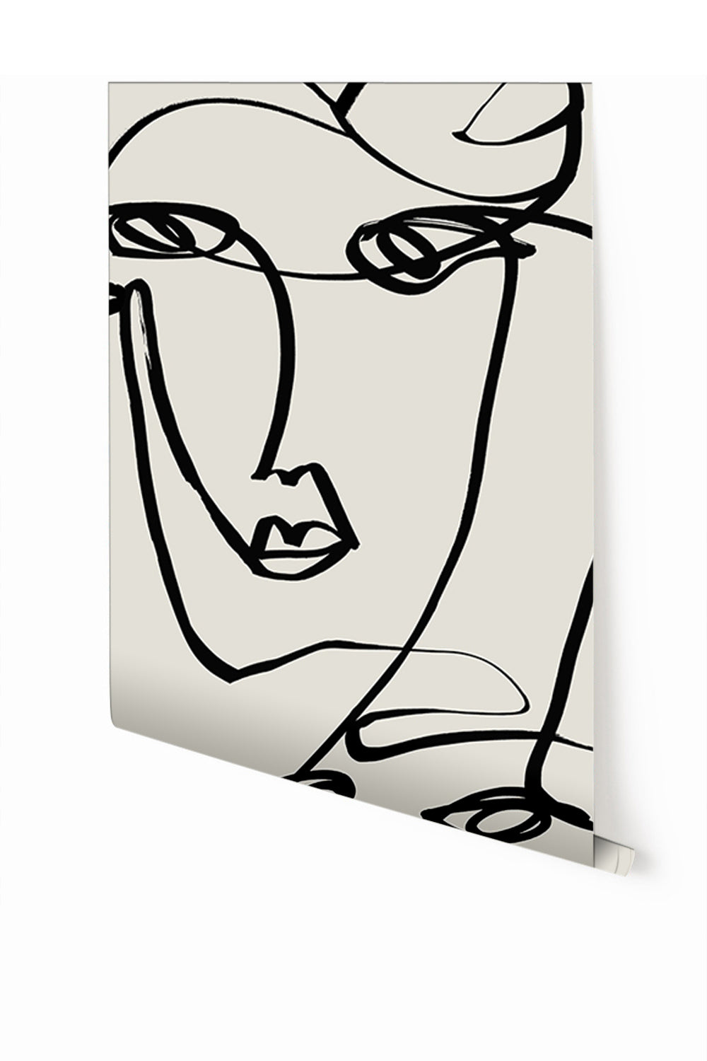 A roll of wallpaper featuring a black and white line art illustration of a female face on a beige background from drop it MODERN.