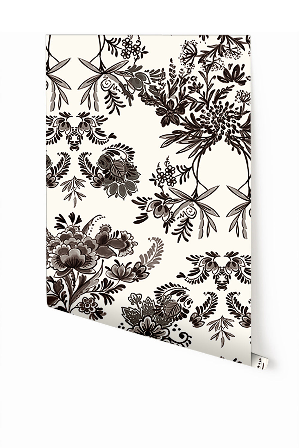 A roll of Delft© Mural Wallpaper in Black with a floral pattern in beige, black, and white colors from drop it MODERN.