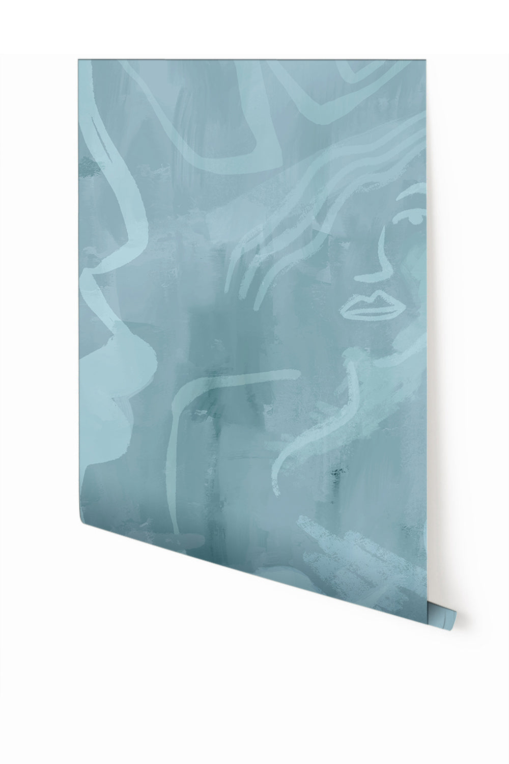 A section of mural wallpaper depicting abstract blue tones with hints of faces or figures from drop it MODERN.
