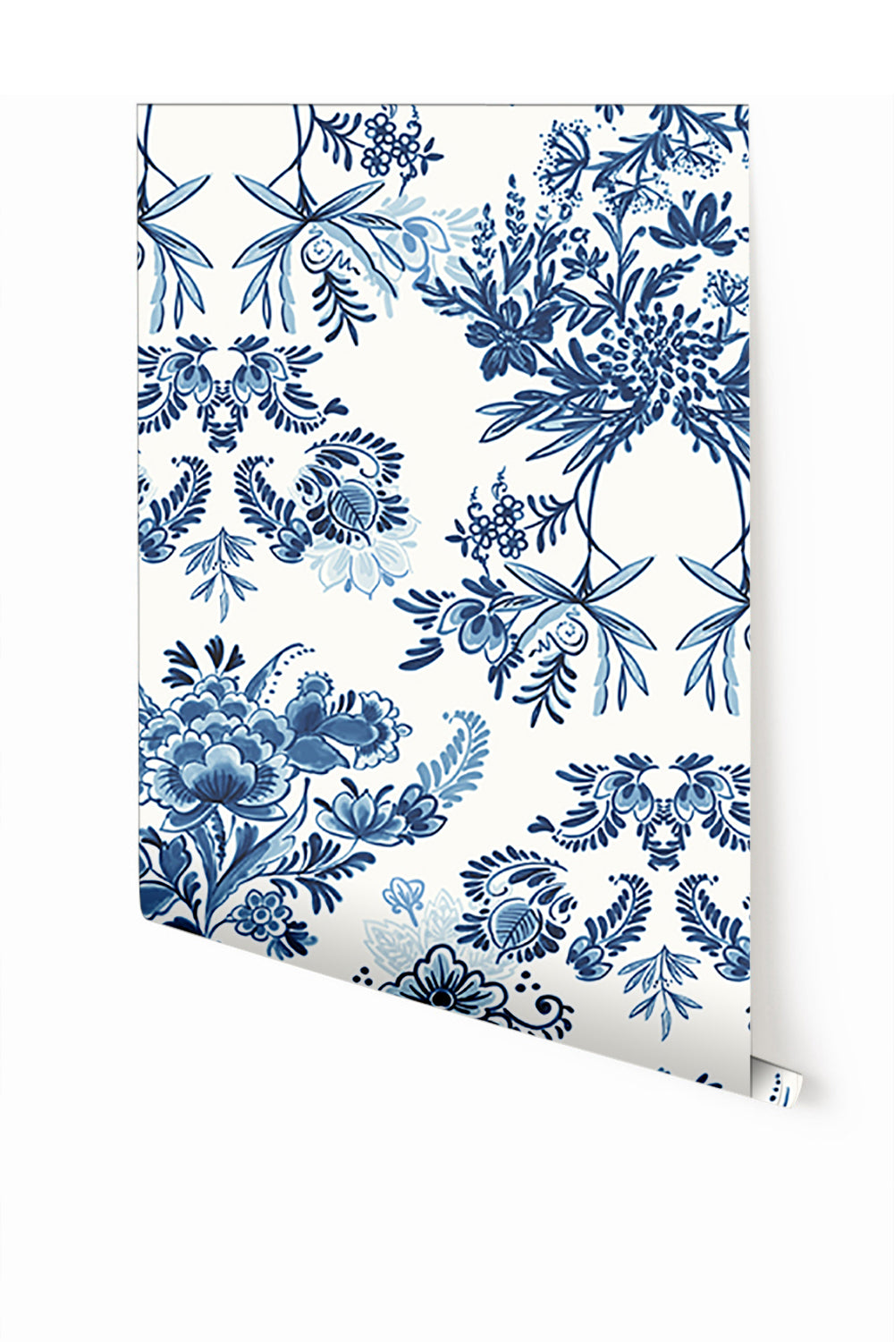 A roll of Delft Mural Wallpaper in Blue with a floral pattern from drop it MODERN.