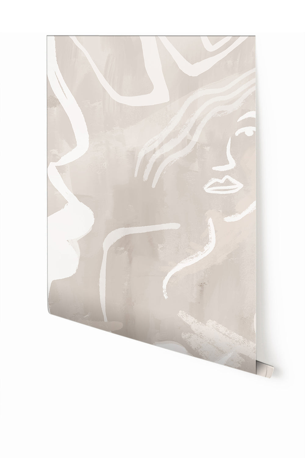 A section of mural wallpaper depicting an abstract face in beige, white, and grey tones from drop it MODERN.