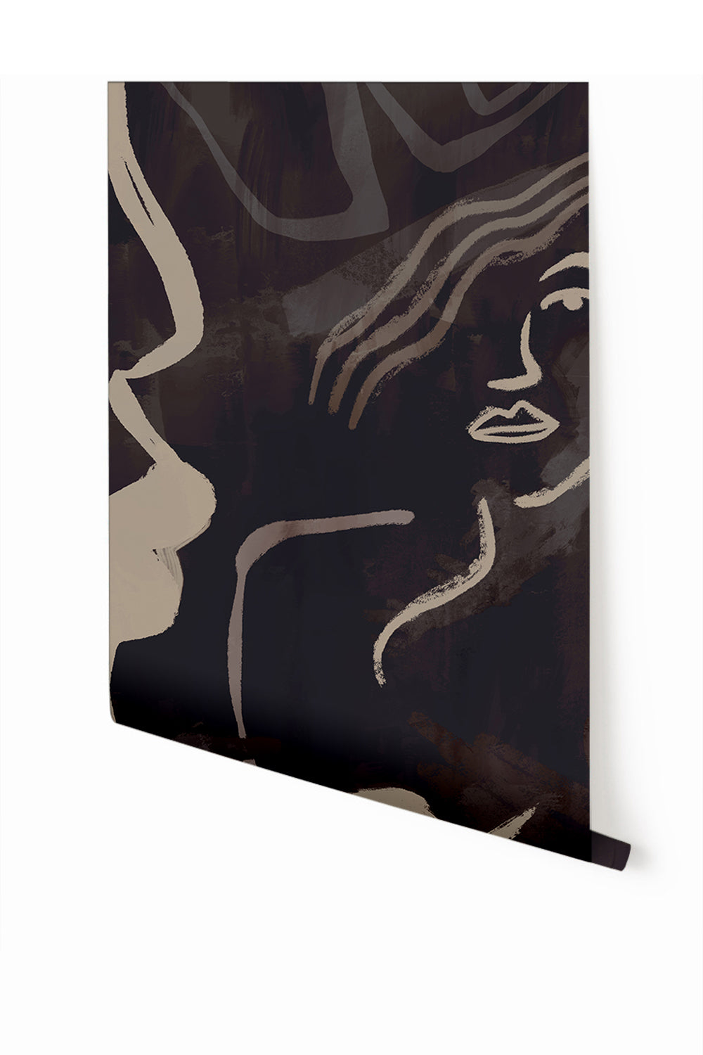A section of mural wallpaper depicting abstract black and white face lines on a charcoal background from drop it MODERN.