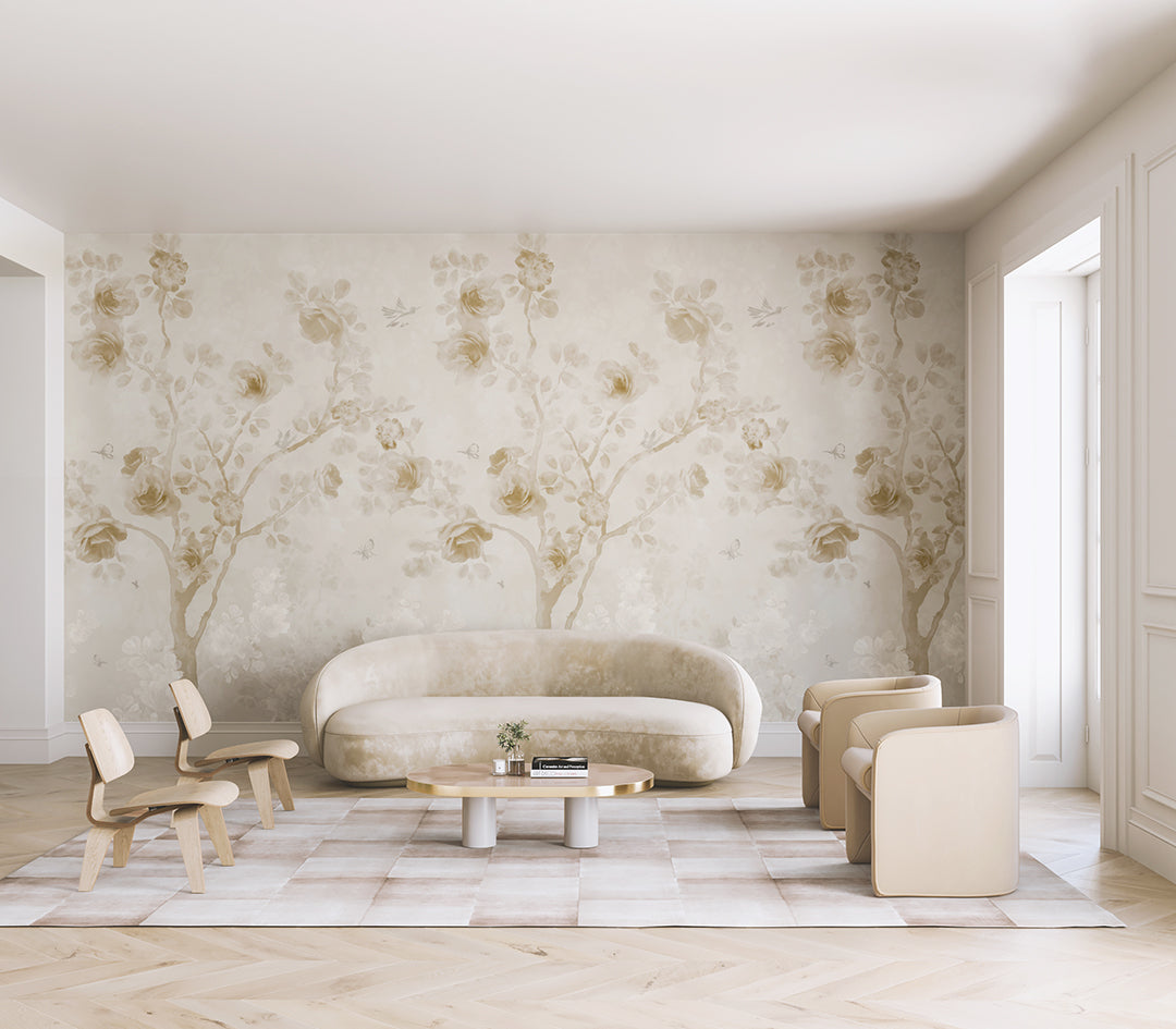 The Eden© Mural Wallpaper in Cremé in a living room from drop it MODERN.