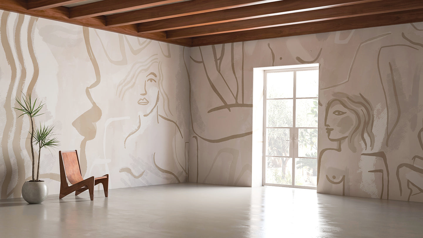 The Famke© Mural Wallpaper in Cremé in an interior from drop it MODERN.