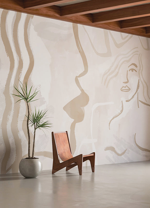 The Famke© Mural Wallpaper in Cremé in an entryway from drop it MODERN.