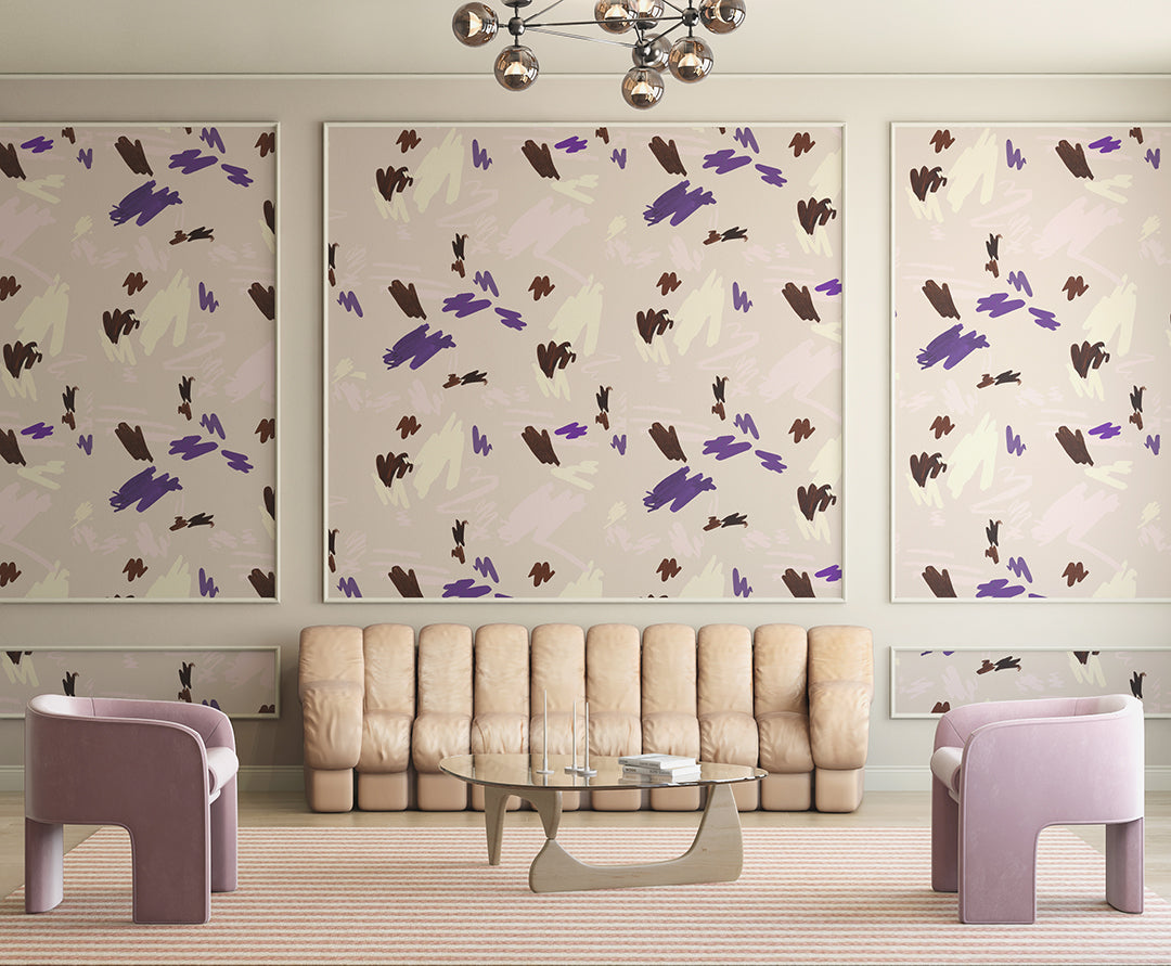 The Hieroglyphics© Wallpaper in Cremé in a living room from drop it MODERN