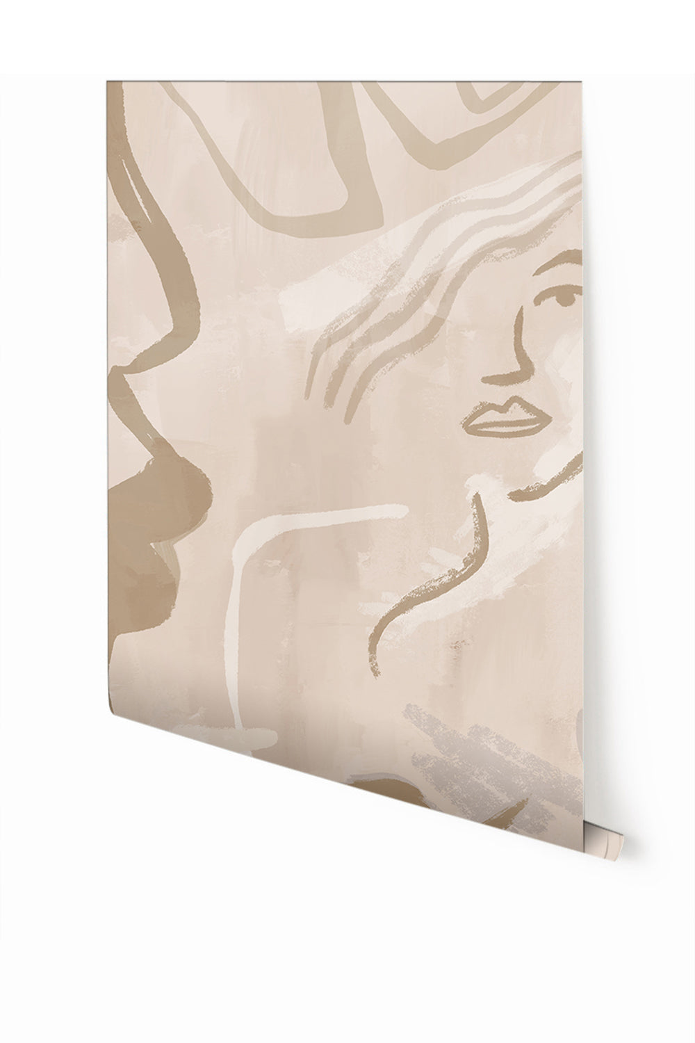 A section of mural wallpaper depicting an abstract face in beige, brown, and white tones from drop it MODERN.