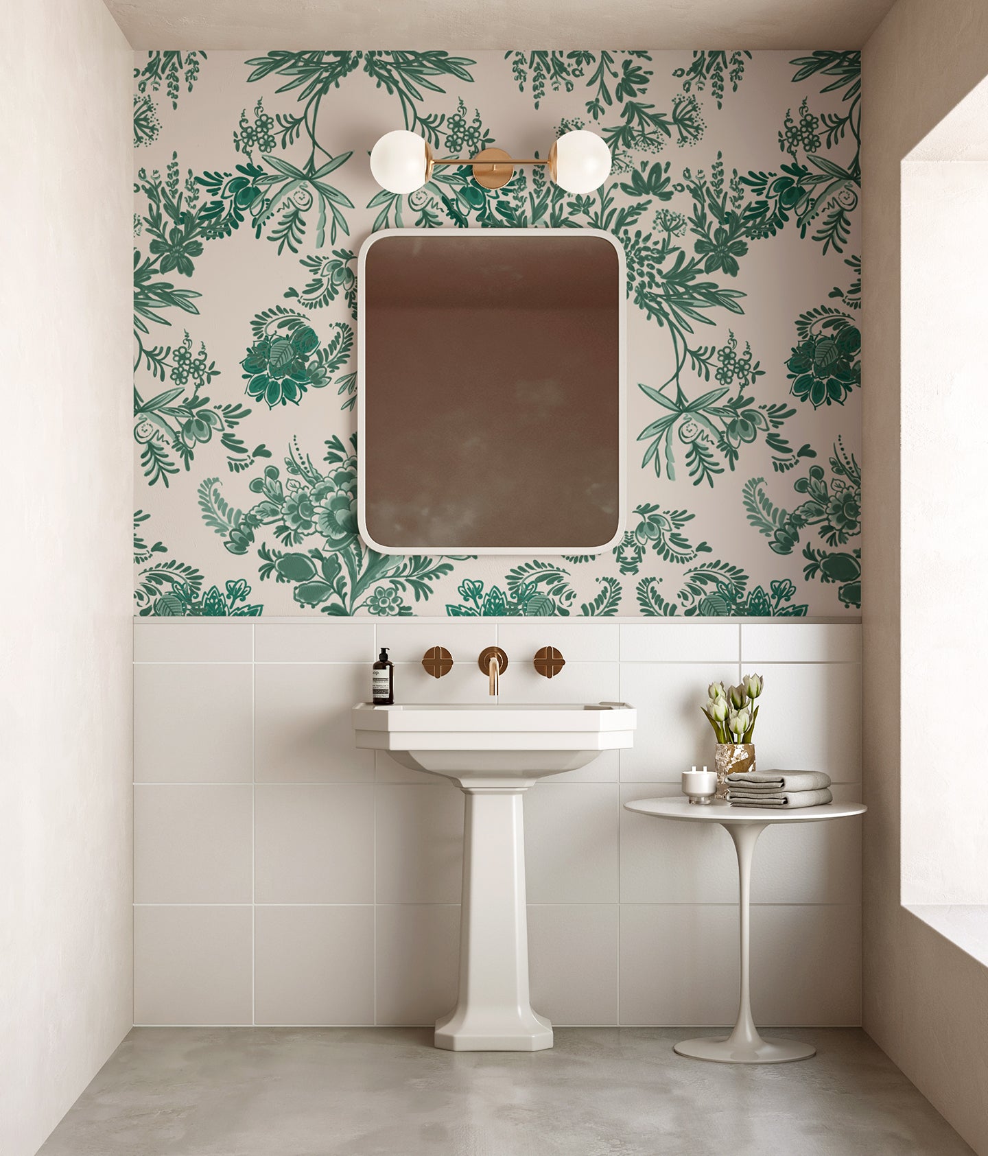 The Delft© Mural Wallpaper in Green in a bathroom from drop it MODERN.