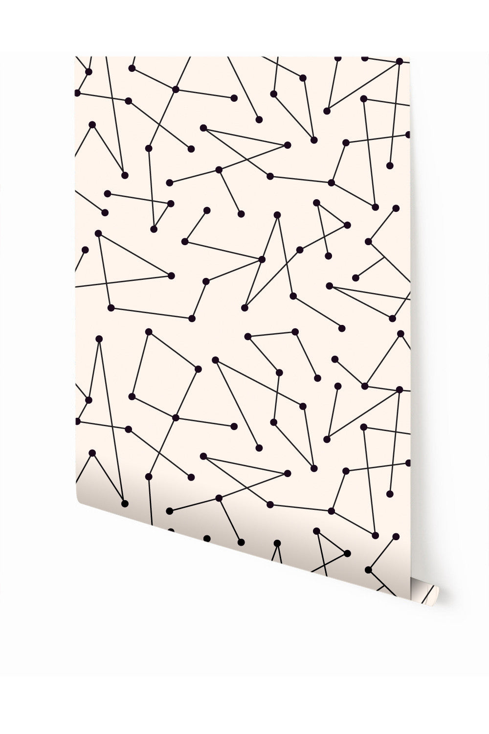A wallpaper panel featuring a black and beige geometric dot to dot pattern on a roll from drop it MODERN.
