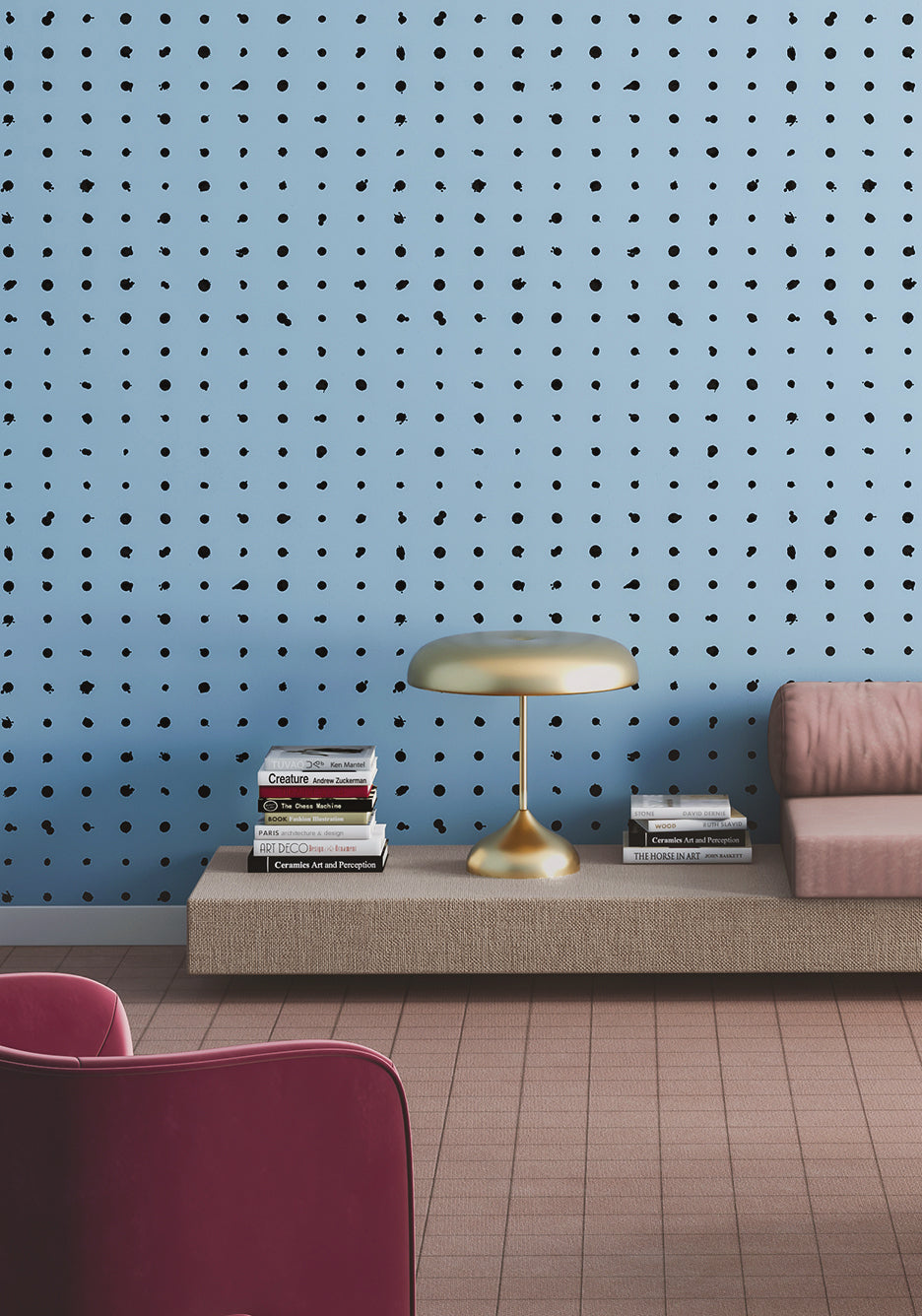 The Dotted Line© Wallpaper in Powder Blue in a lounge area from drop it MODERN.