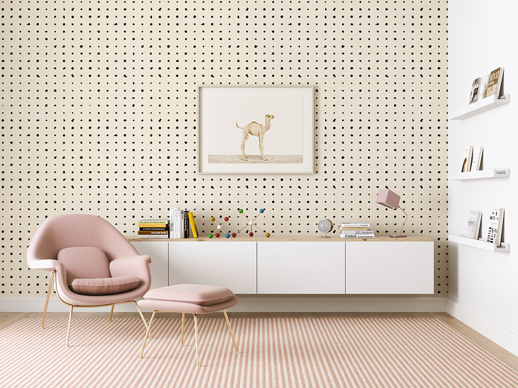 The Dotted Line© Wallpaper in Black + Cremé in a kids play room from drop it MODERN.