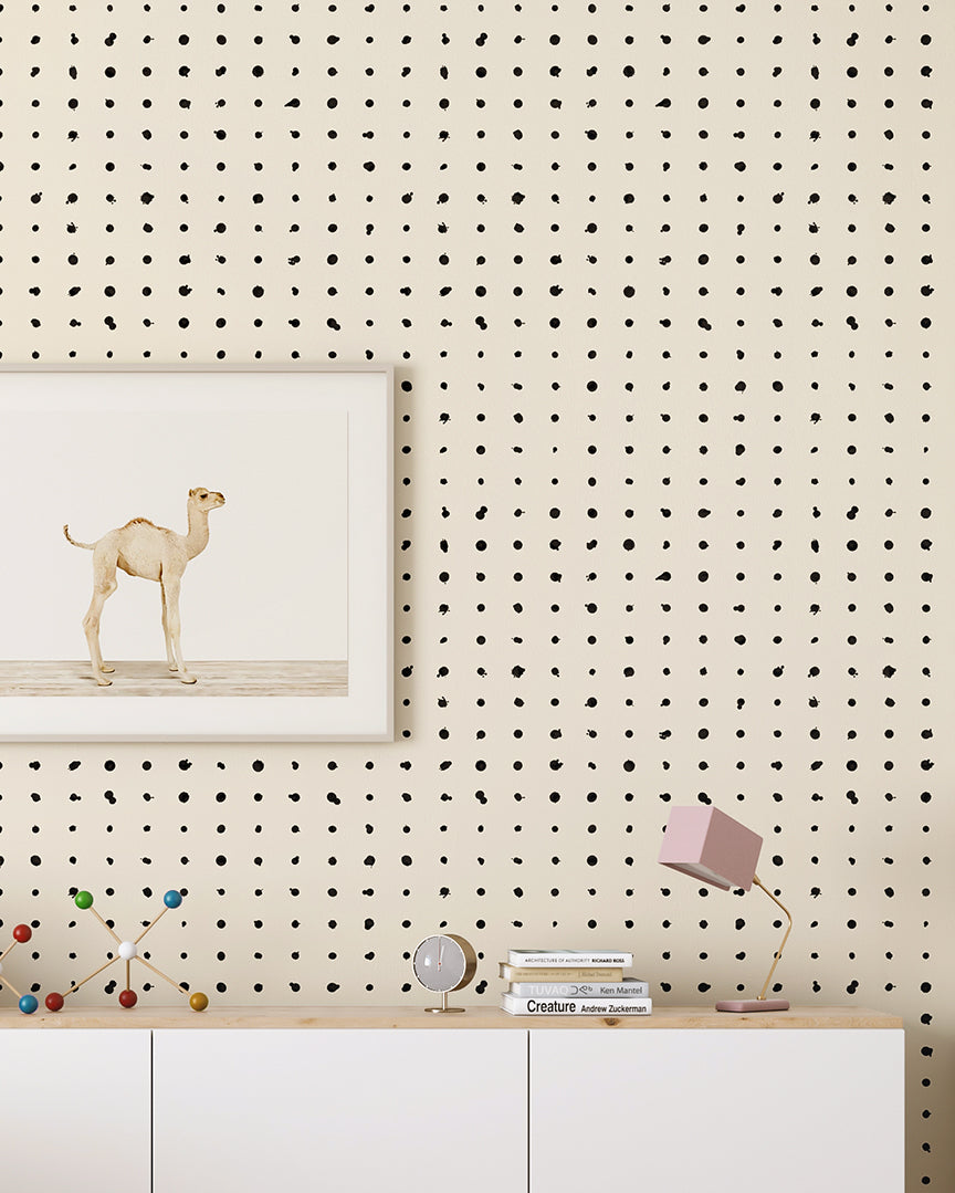 The Dotted Line© Wallpaper in Black + Cremé in a kids area from drop it MODERN.