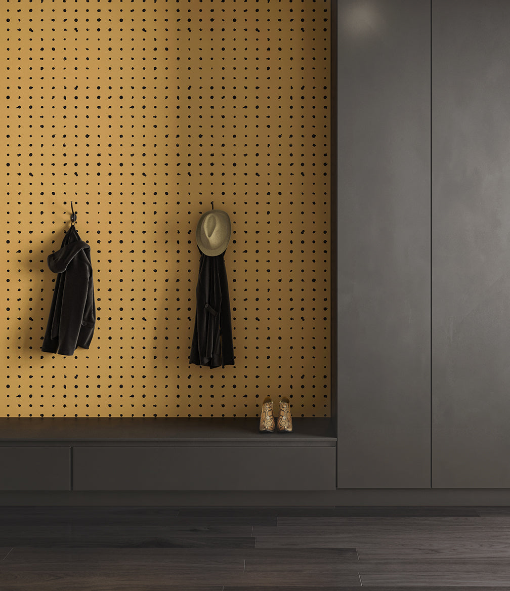 The Dotted Line© Wallpaper in Mustard in an entryway from drop it MODERN.